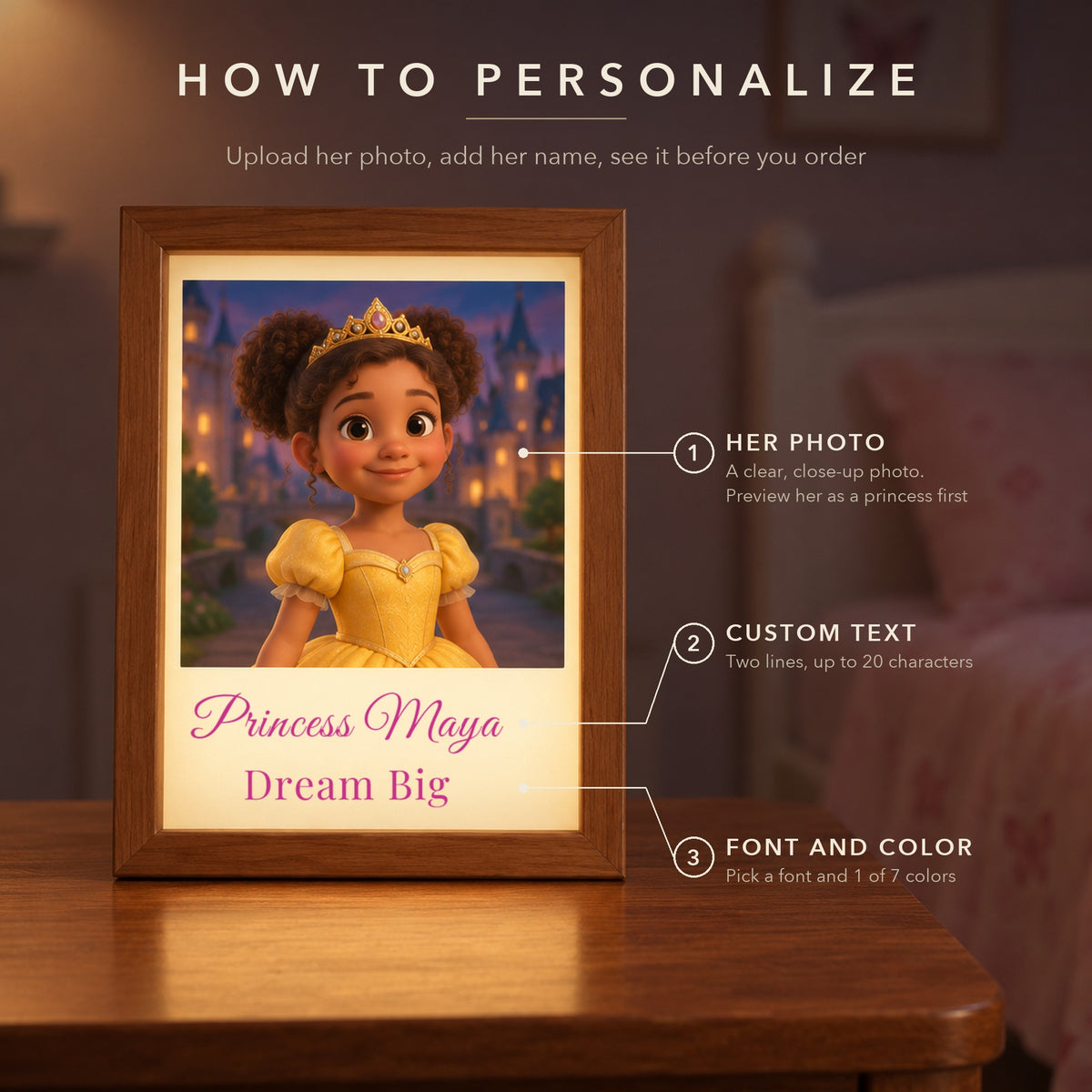 How to personalize the princess night light: upload a close-up photo of her, add two lines of text up to 20 characters, then pick a font and color