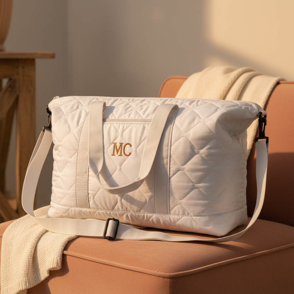 Cream quilted duffel bag with sample initials "MC" embroidered in gold thread, displayed on an orange chair with a shoulder strap visible.