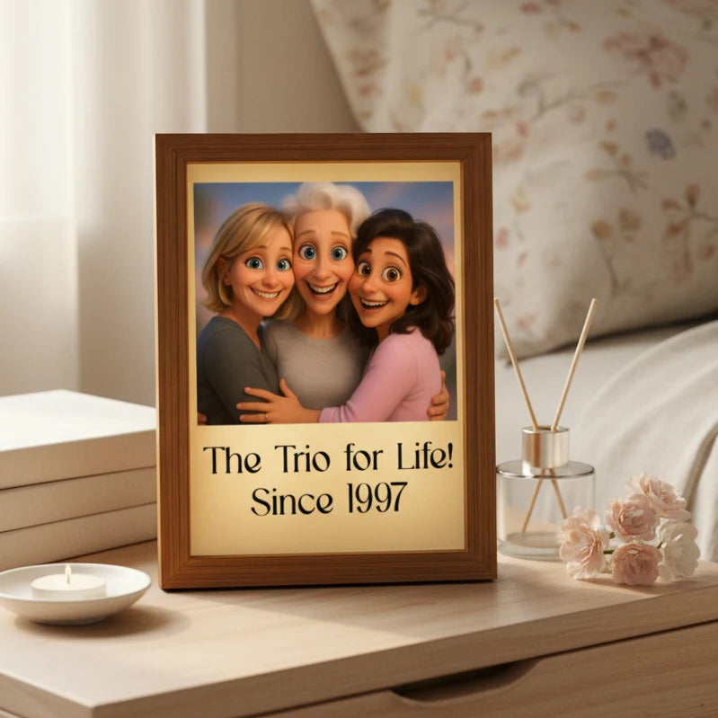 Wooden light-up picture frame showing three best friends as an animated cartoon portrait with The Trio for Life! Since 1997 printed on the cream mat below
