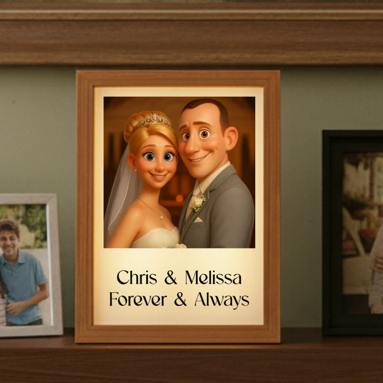 Personalized animated light up picture frame showing a bride and groom as a cartoon portrait with Chris &amp; Melissa, Forever &amp; Always printed below