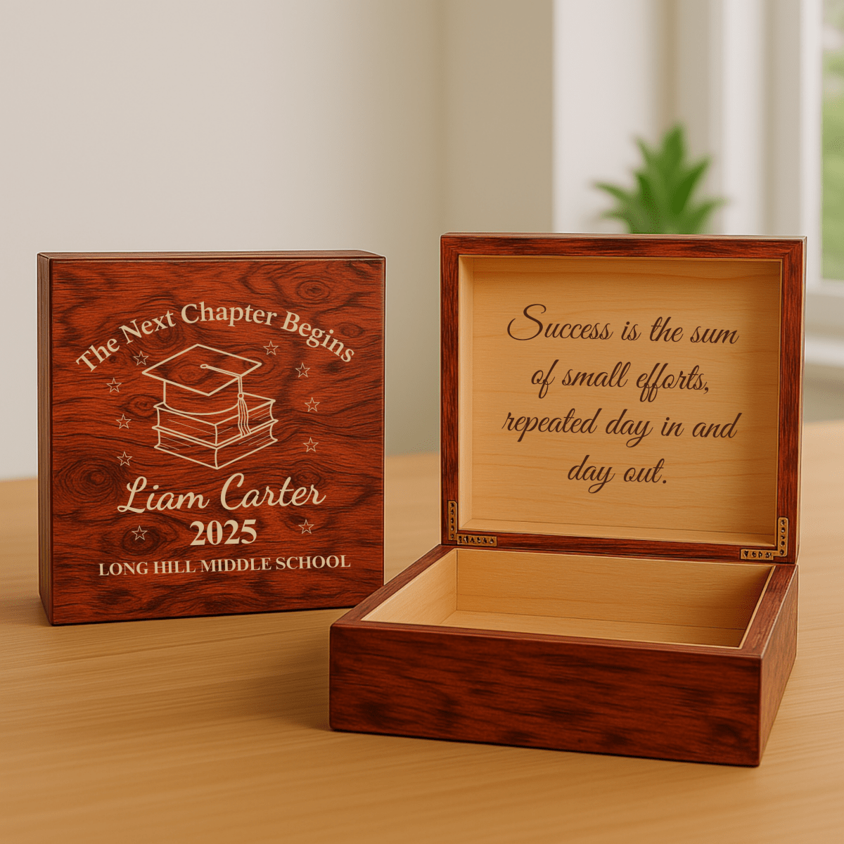 Personalized wooden keepsake box with graduation cap and books design, engraved with name, year, and school for 8th-grade graduates