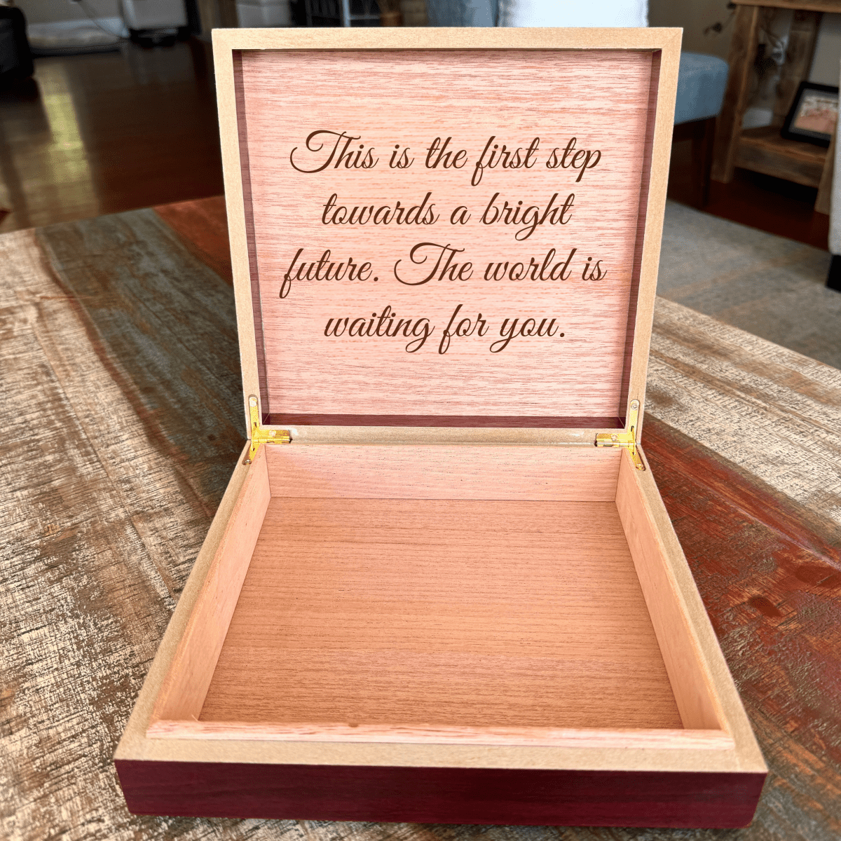 Personalized wooden keepsake box with graduation cap and books design, engraved with name, year, and school for 8th-grade graduates