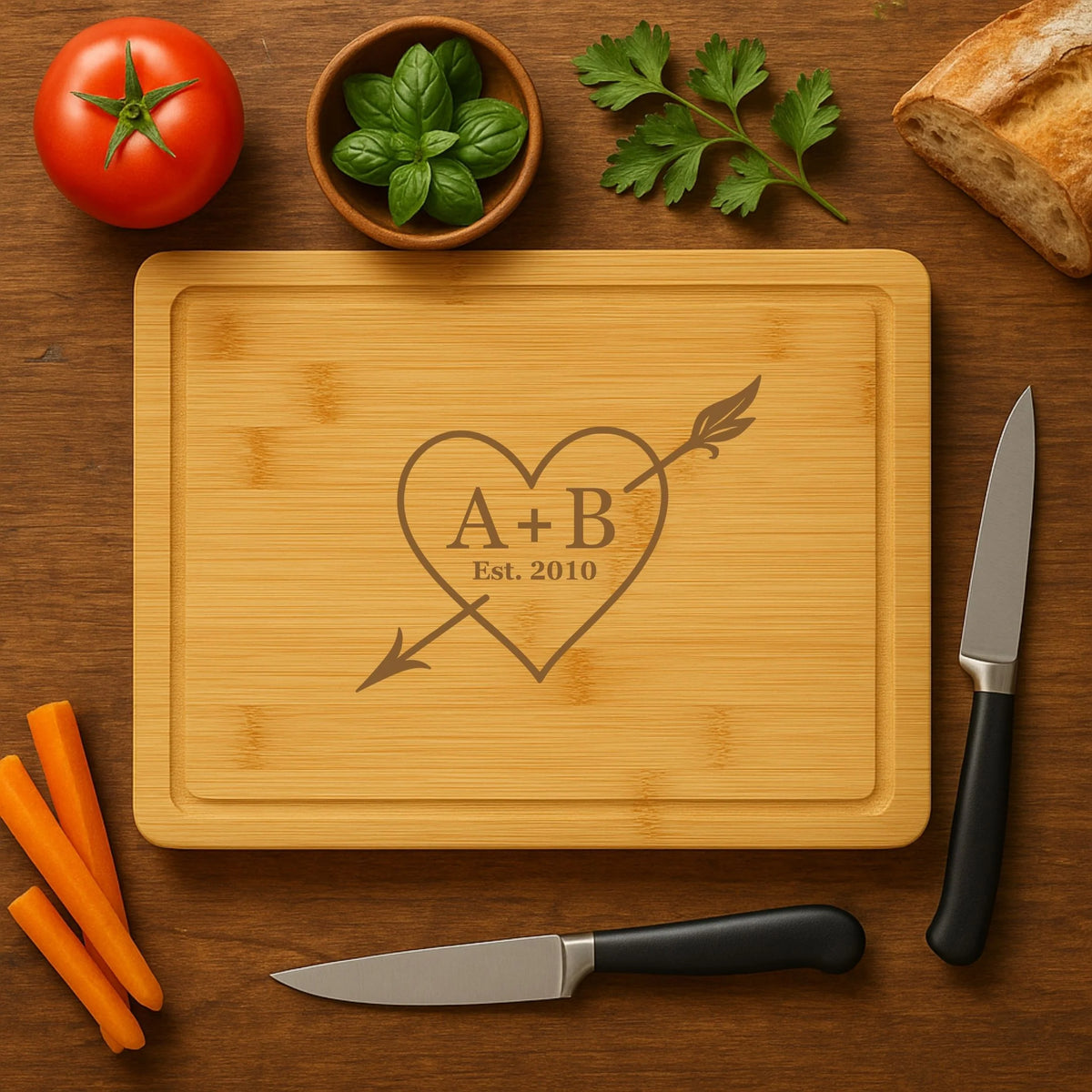 Personalized bamboo anniversary cutting board with heart and initials design