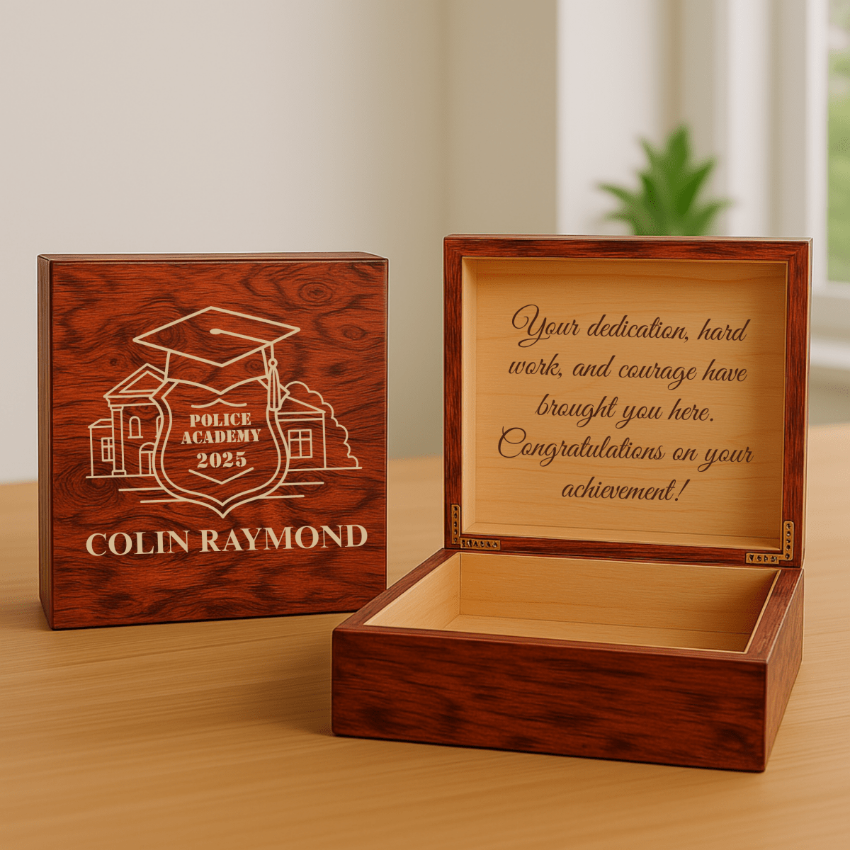 Custom police academy keepsake box with engraved badge design, officer’s name, graduation year, and optional heartfelt message