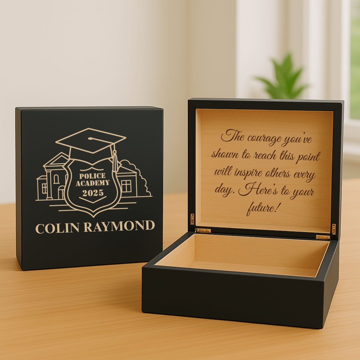Custom police academy keepsake box with engraved badge design, officer’s name, graduation year, and optional heartfelt message