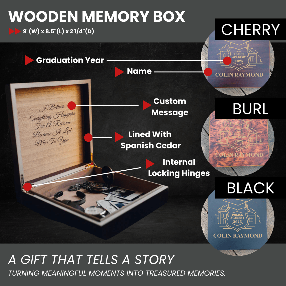 Custom police academy keepsake box with engraved badge design, officer’s name, graduation year, and optional heartfelt message