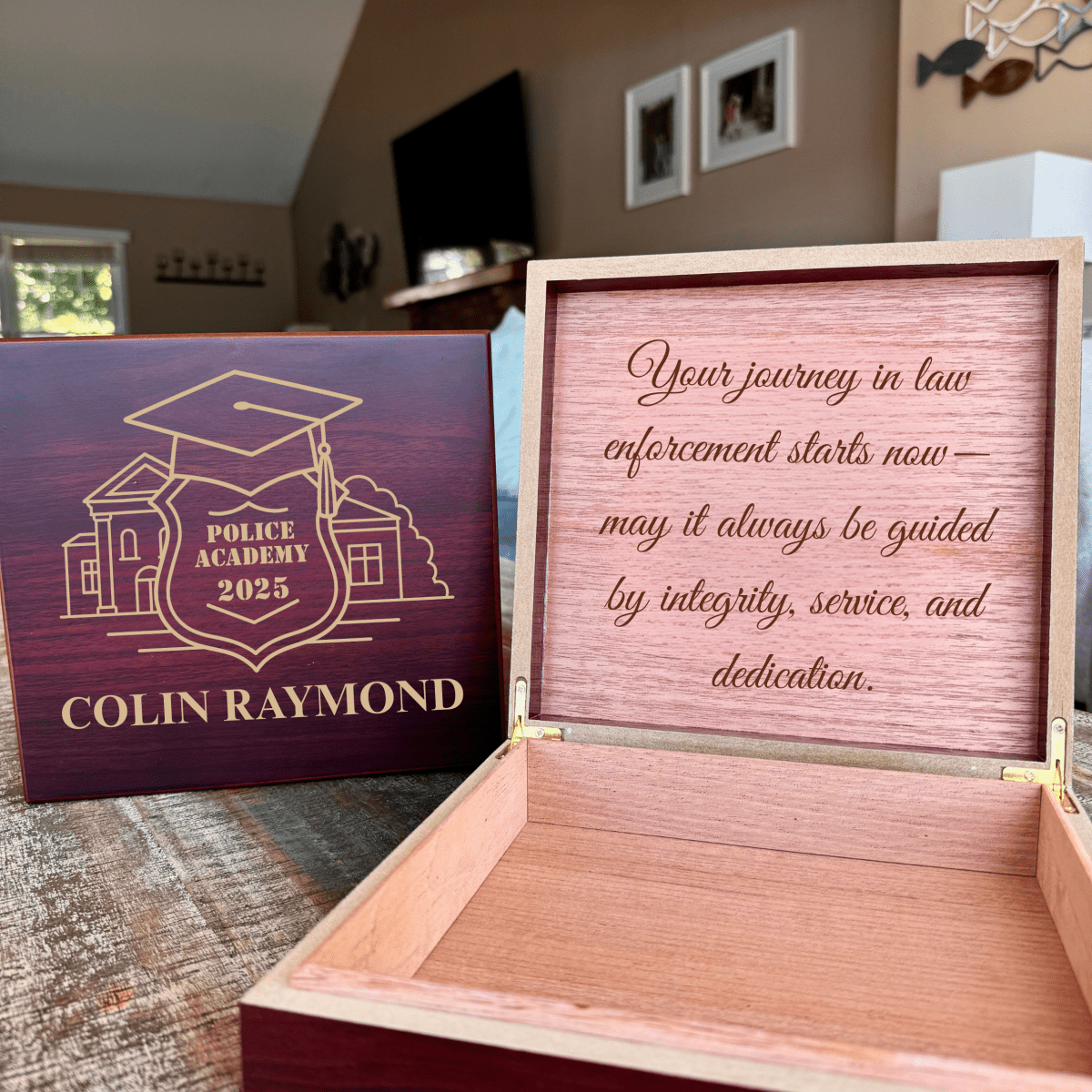Custom police academy keepsake box with engraved badge design, officer’s name, graduation year, and optional heartfelt message
