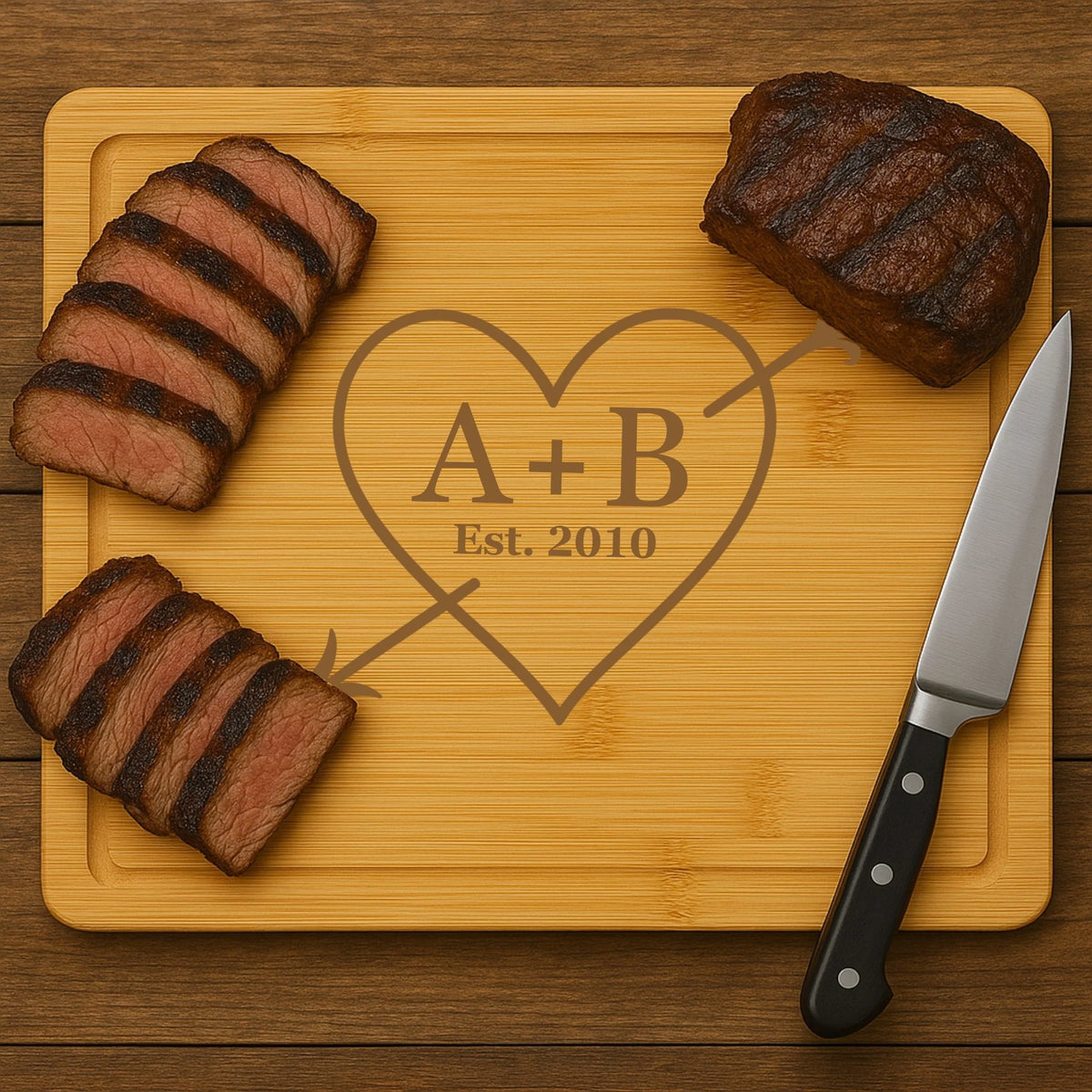 Personalized bamboo anniversary cutting board with heart and initials design