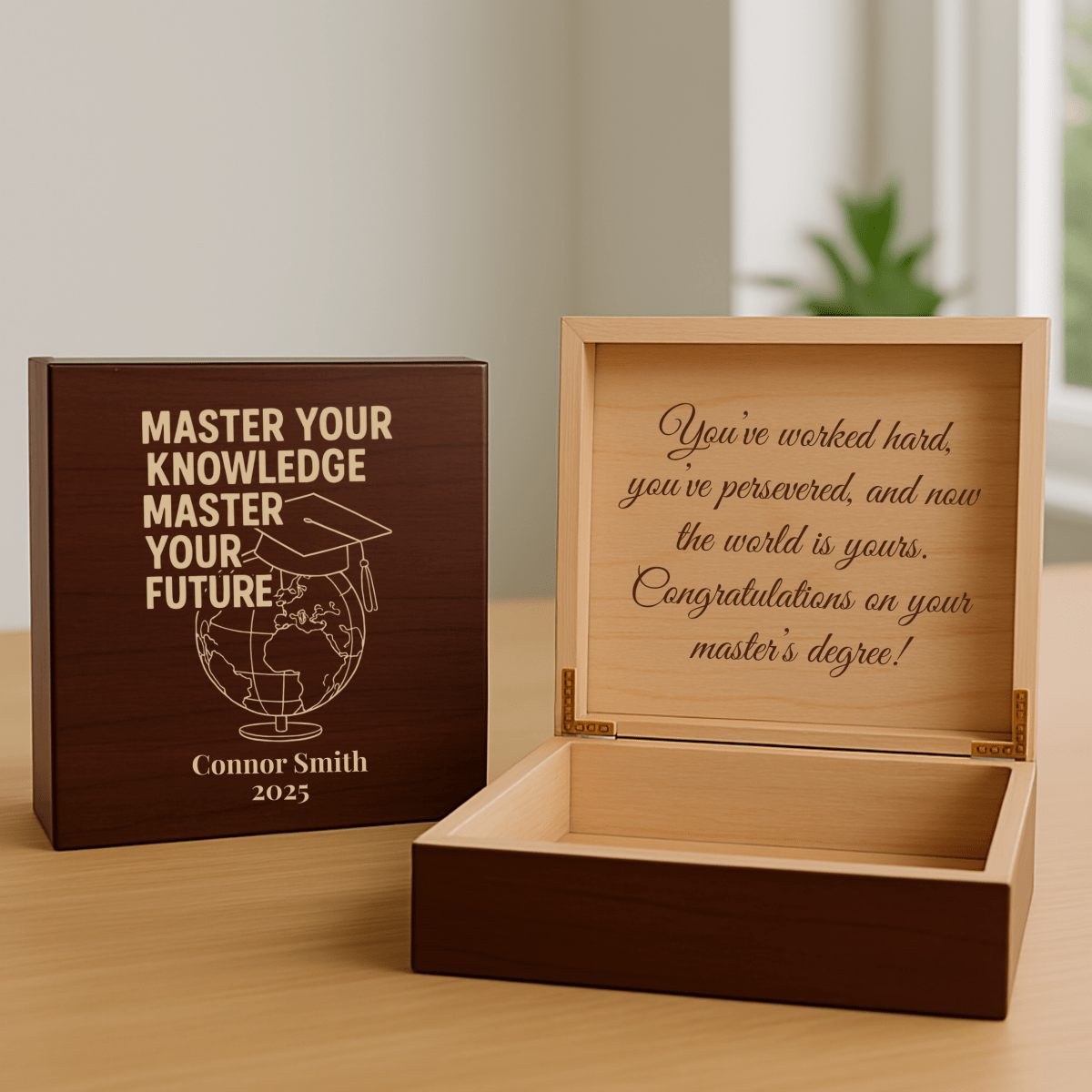 Custom Master’s graduation keepsake box with engraved name, year, globe and cap design, and optional heartfelt inside message