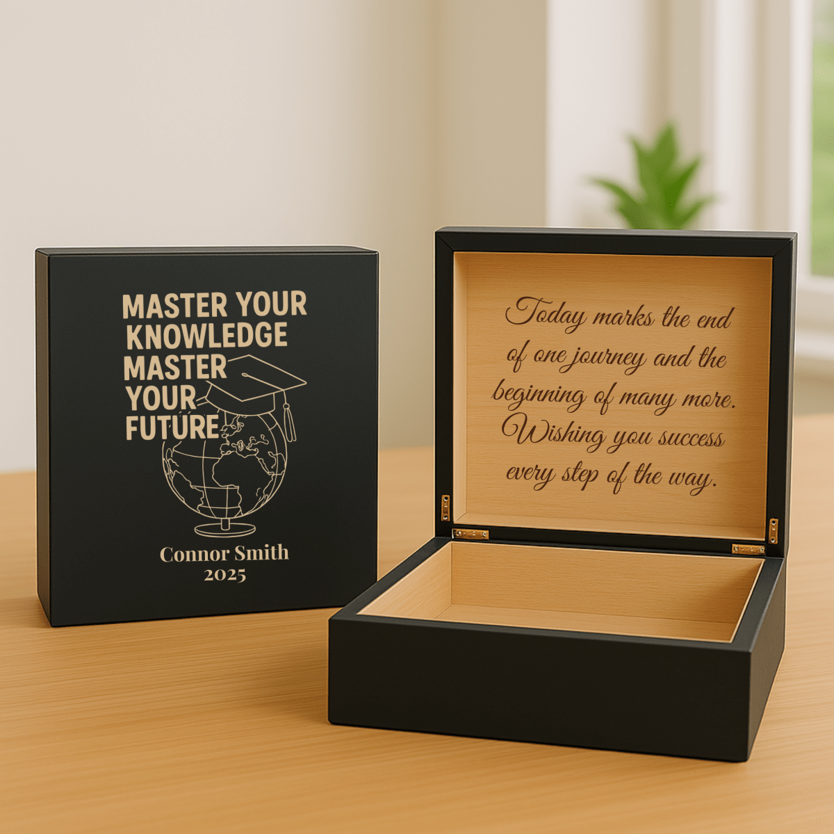 Custom Master’s graduation keepsake box with engraved name, year, globe and cap design, and optional heartfelt inside message