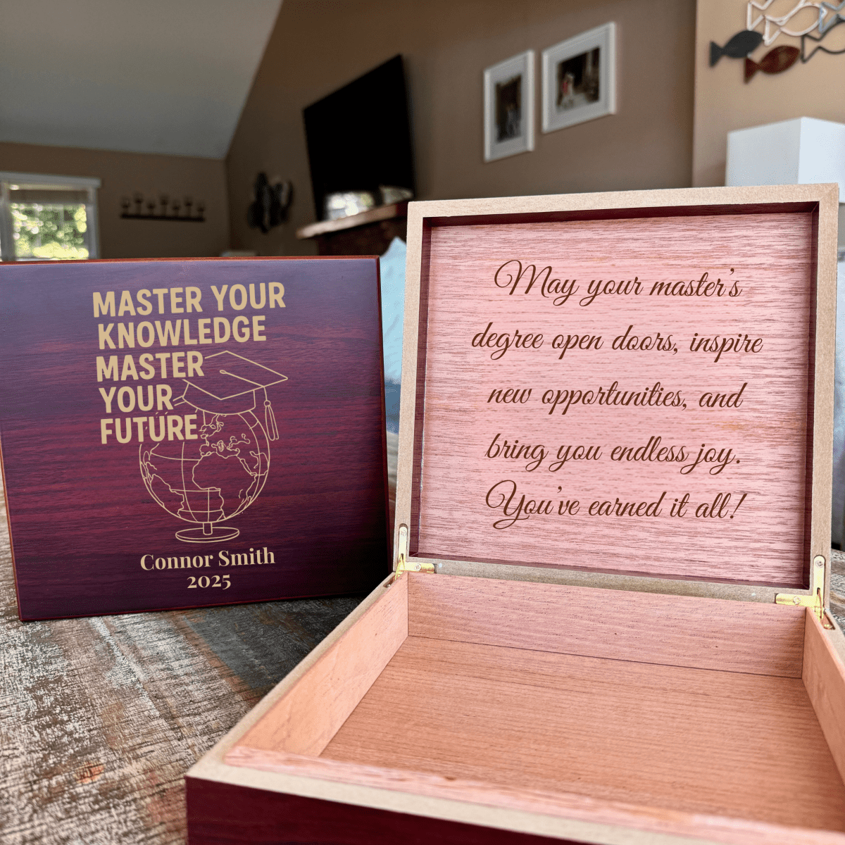 Custom Master’s graduation keepsake box with engraved name, year, globe and cap design, and optional heartfelt inside message