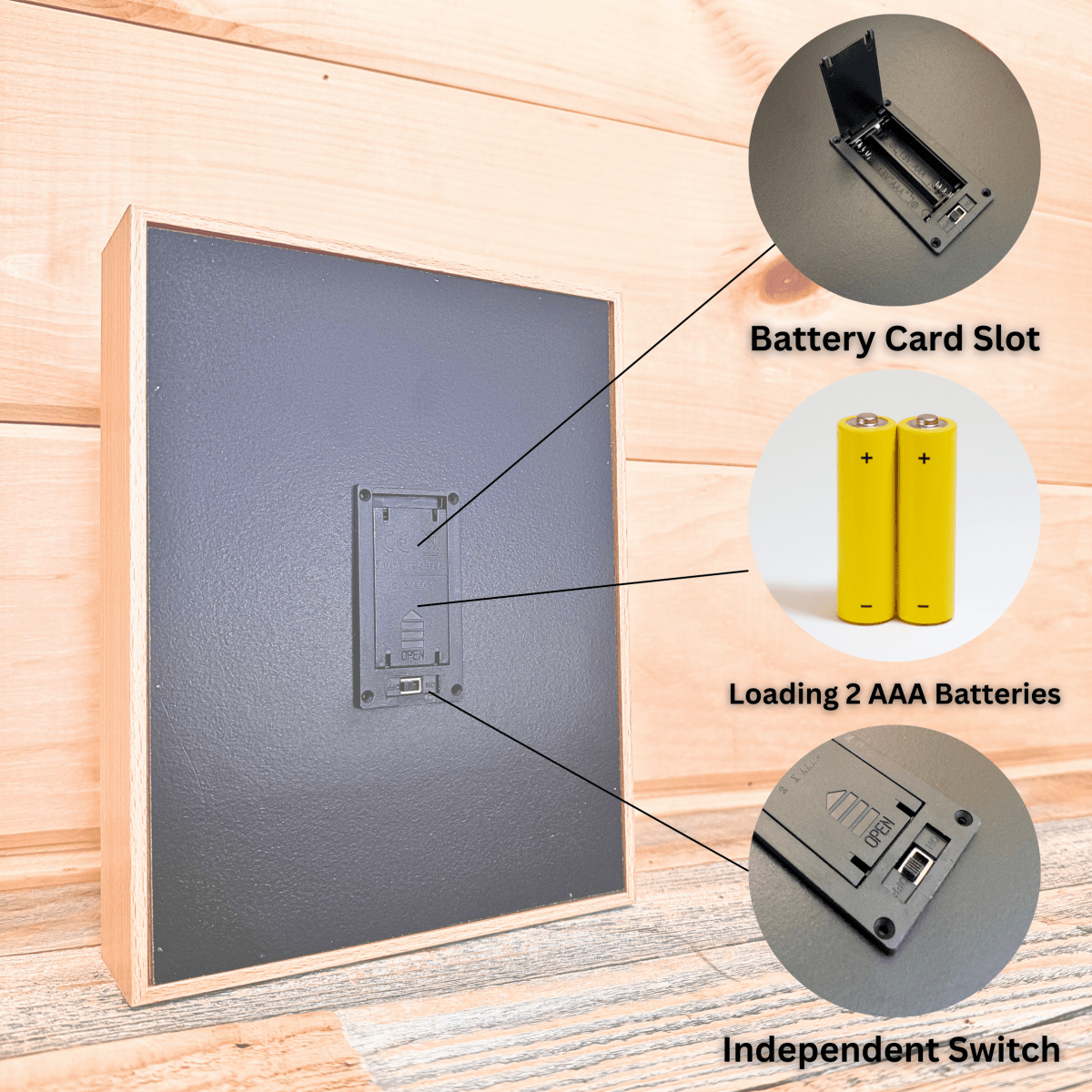 Back panel of wooden light box showing battery card slot, AAA battery loading area, and independent power switch details