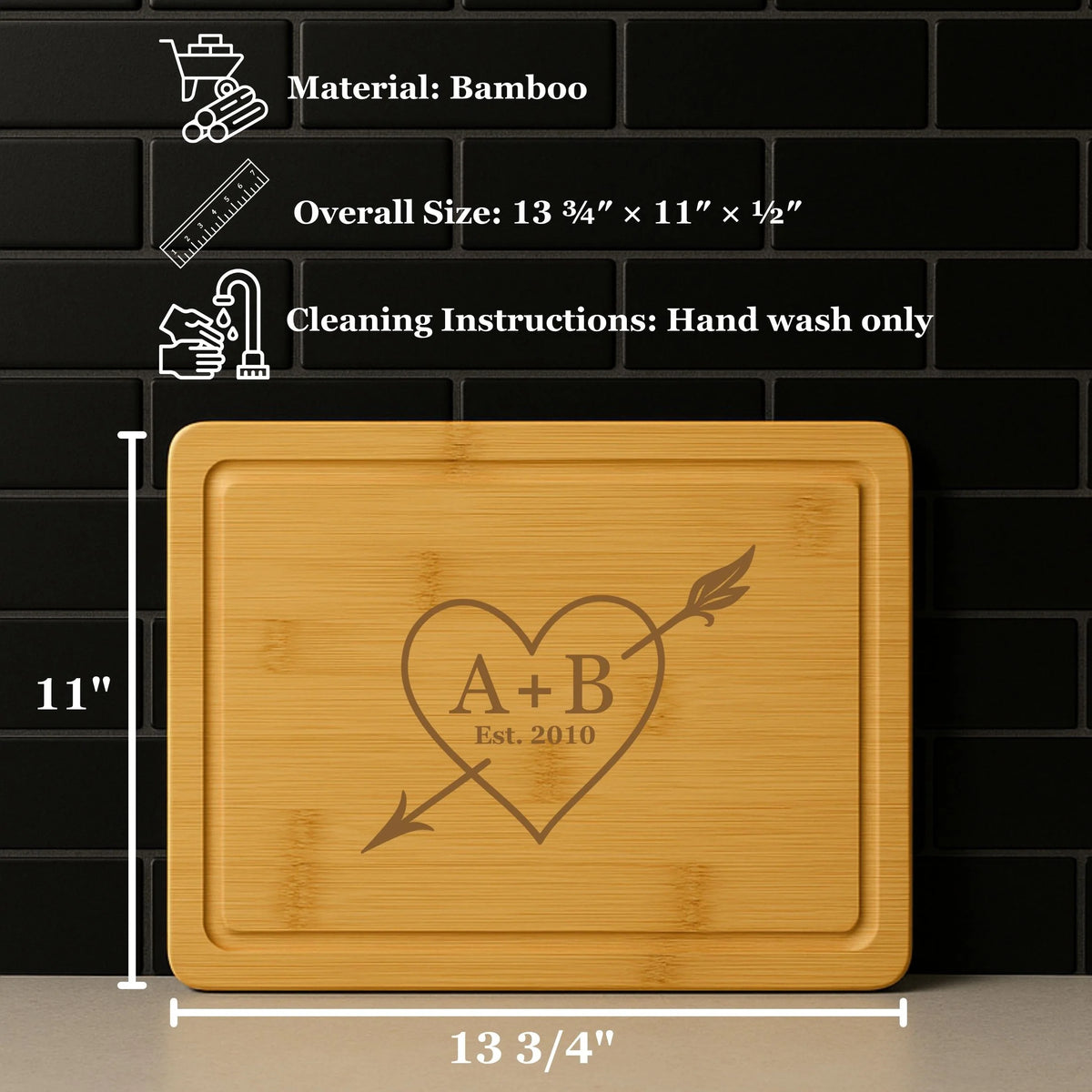 Personalized bamboo anniversary cutting board with heart and initials design