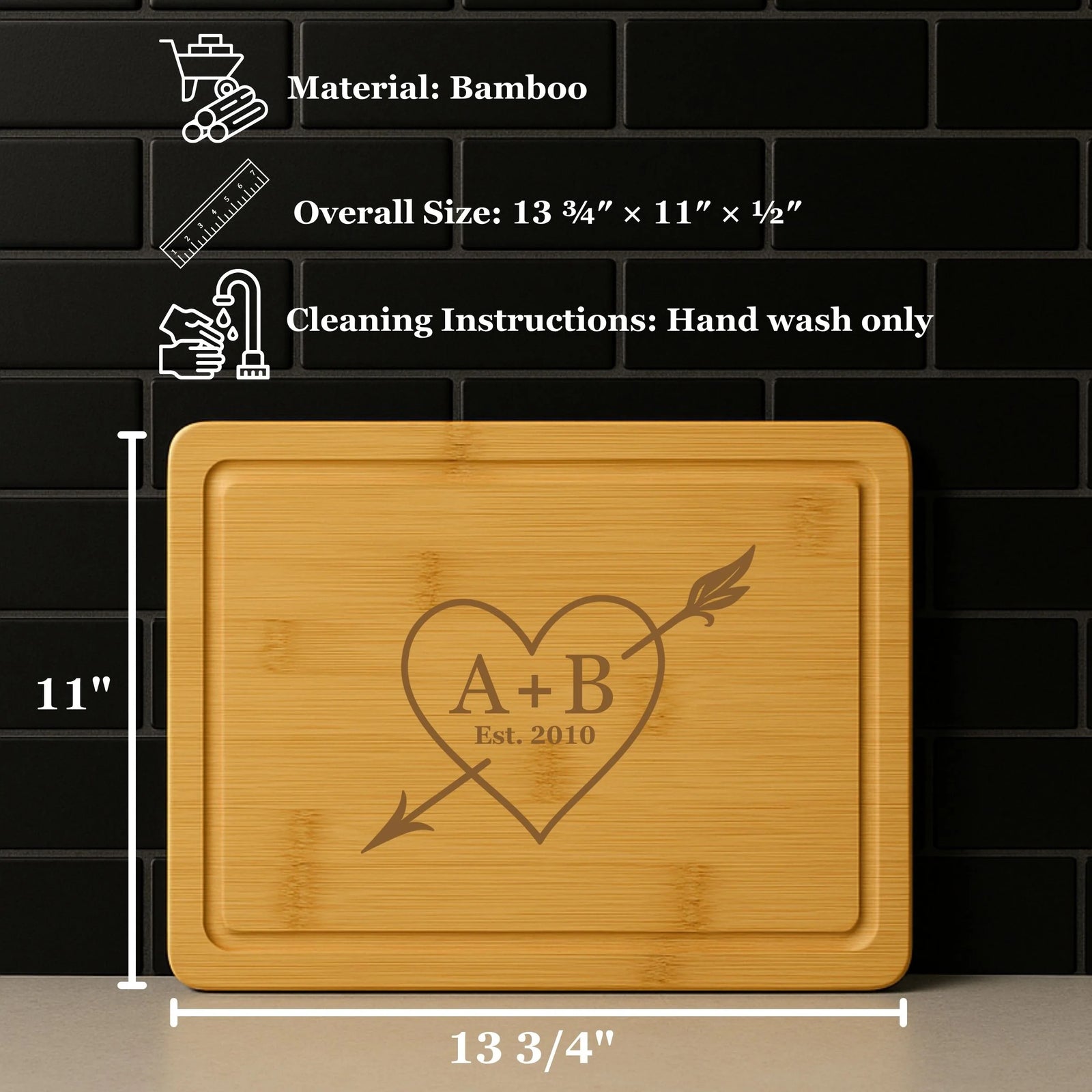 Personalized bamboo anniversary cutting board with heart and initials design