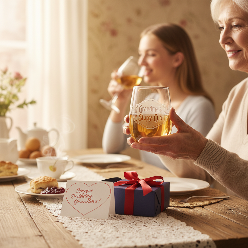 Stemless wine glass engraved with sample text "Grandma's Sippy Cup" held by woman at table with two other people, gift box, and birthday card visible.
