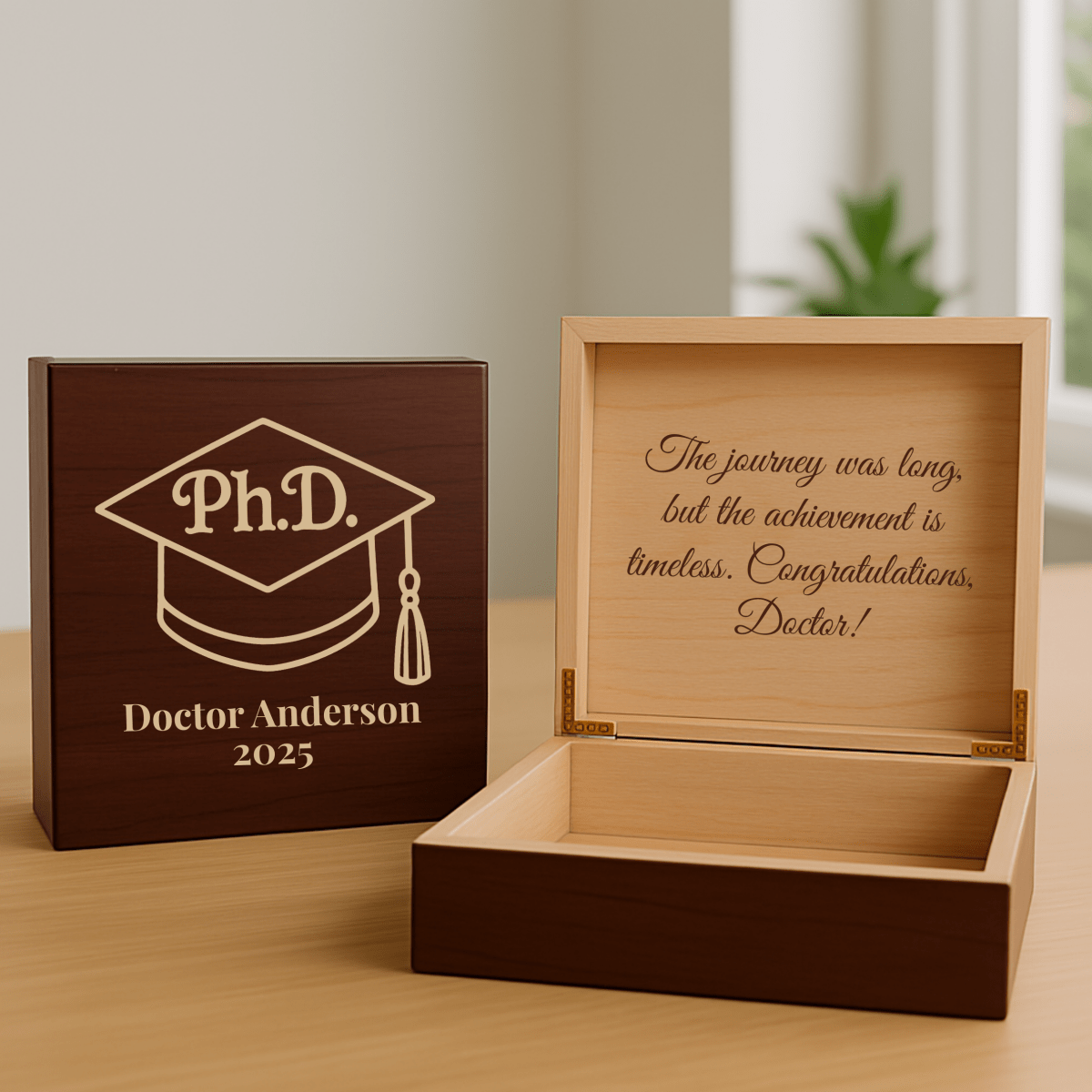 Personalized PhD graduation keepsake box with engraved name, year, and heartfelt message on cherry, black, or burl wood finish