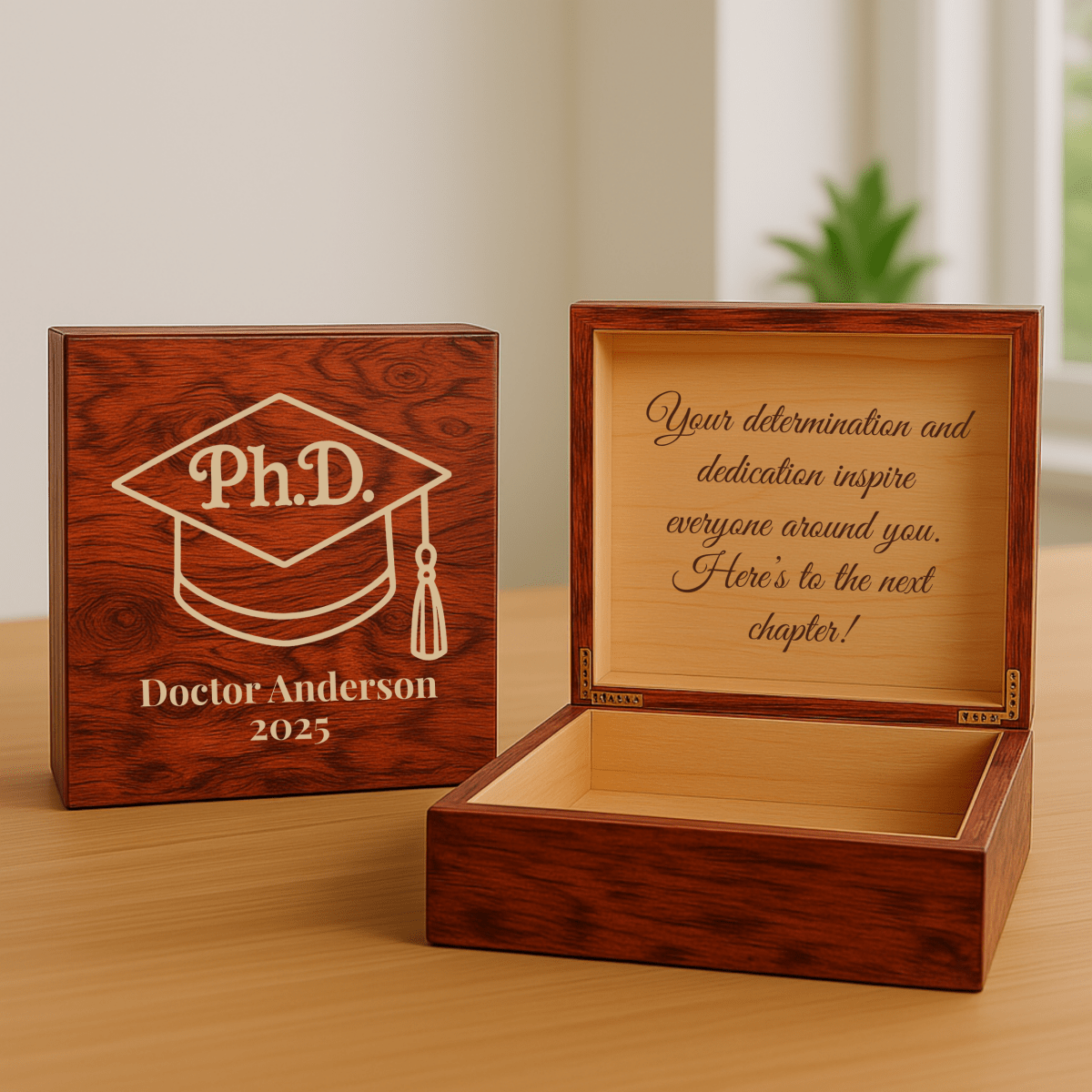 Personalized PhD graduation keepsake box with engraved name, year, and heartfelt message on cherry, black, or burl wood finish