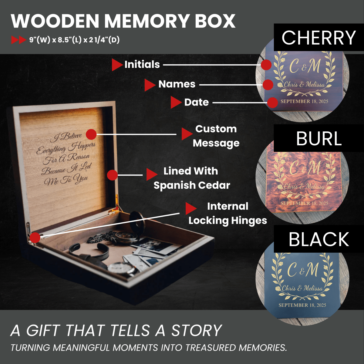 Custom engraved wedding keepsake box with couple’s names, wedding date, and optional inside message, perfect for storing cherished memories