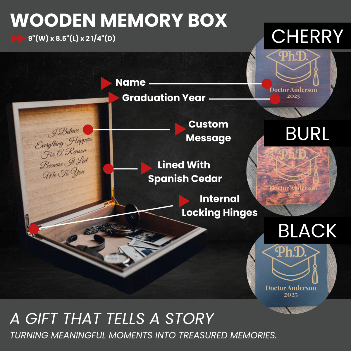 Personalized PhD graduation keepsake box with engraved name, year, and heartfelt message on cherry, black, or burl wood finish