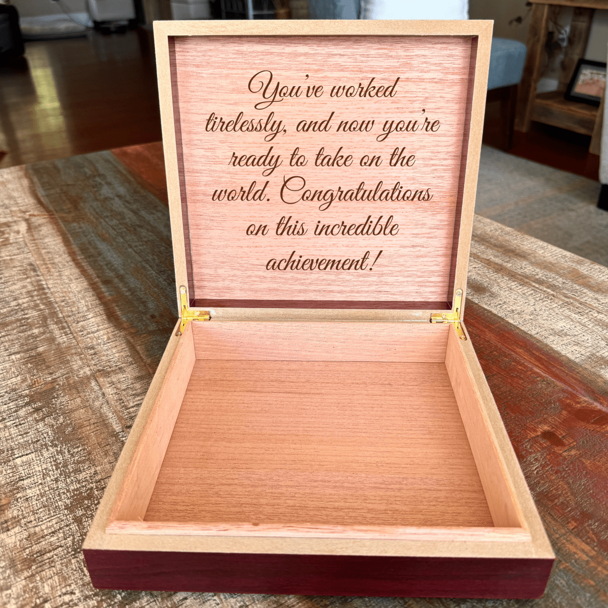 Personalized PhD graduation keepsake box with engraved name, year, and heartfelt message on cherry, black, or burl wood finish