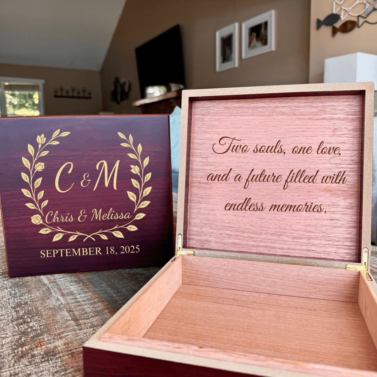 Custom engraved wedding keepsake box with couple’s names, wedding date, and optional inside message, perfect for storing cherished memories
