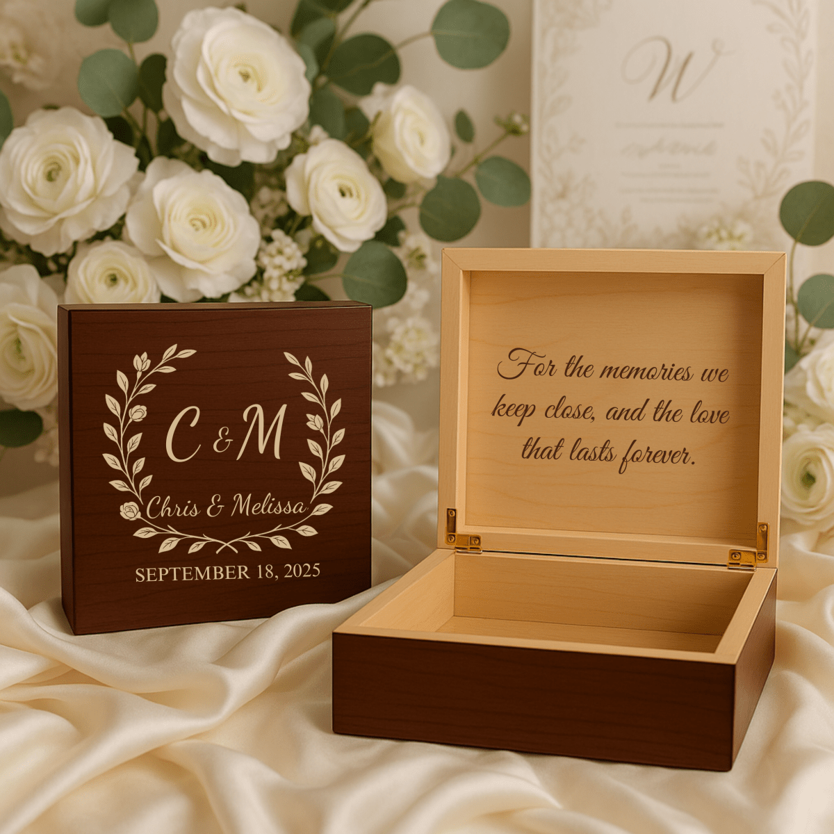 Custom engraved wedding keepsake box with couple’s names, wedding date, and optional inside message, perfect for storing cherished memories