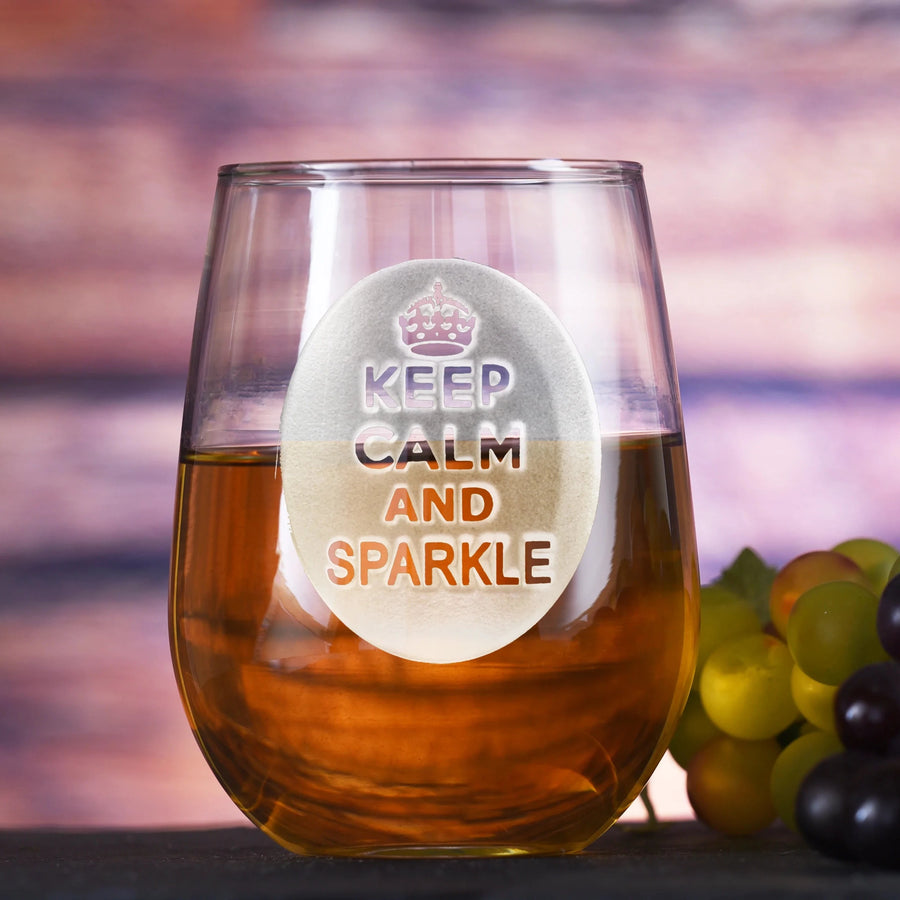 Keep Calm and Sparkle personalized stemless wine glass with sand-carved iconic design