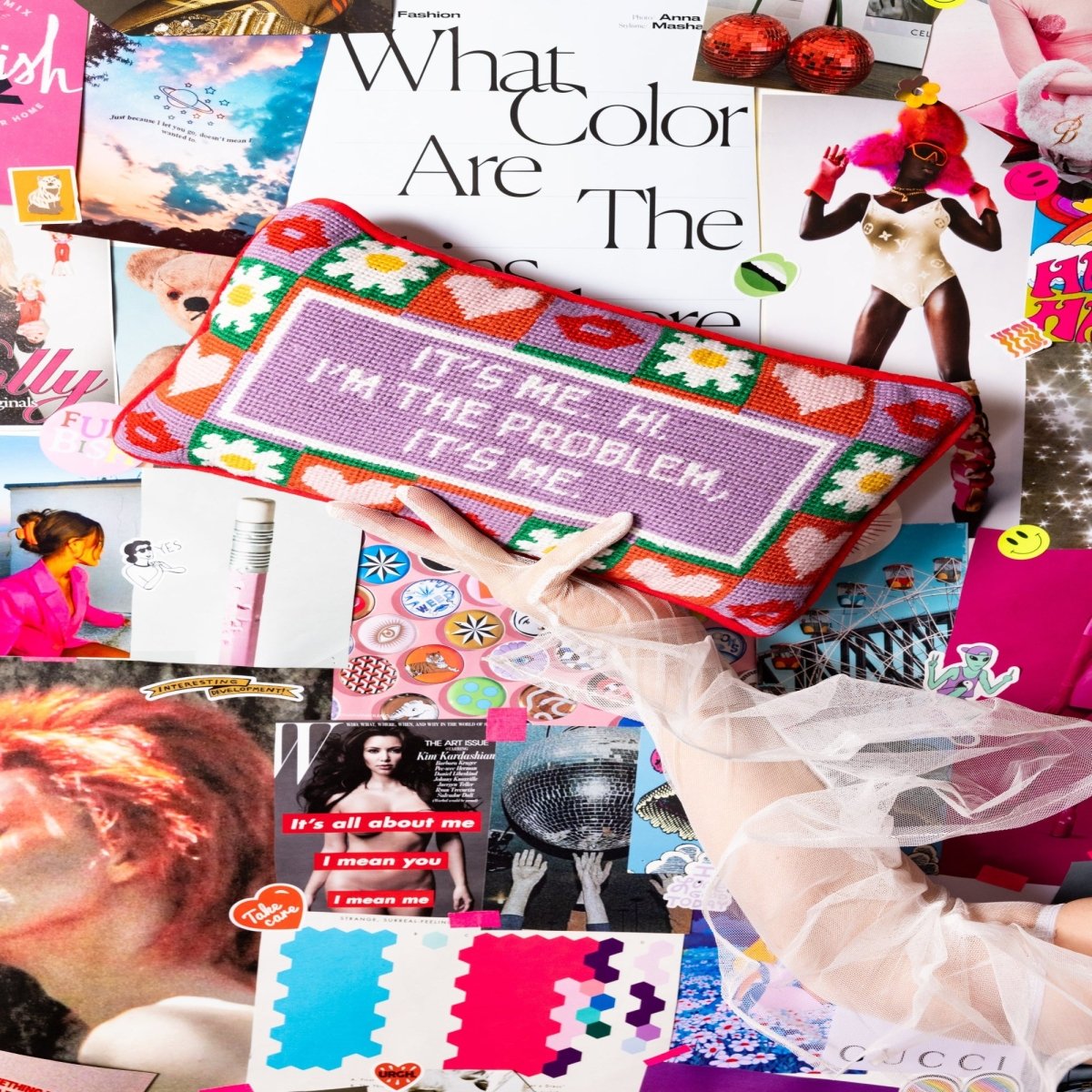 It’s Me needlepoint pillow with cheeky wool embroidery and a luxurious cotton velvet back, measuring 8x14 inches, ideal for fun and stylish decor.