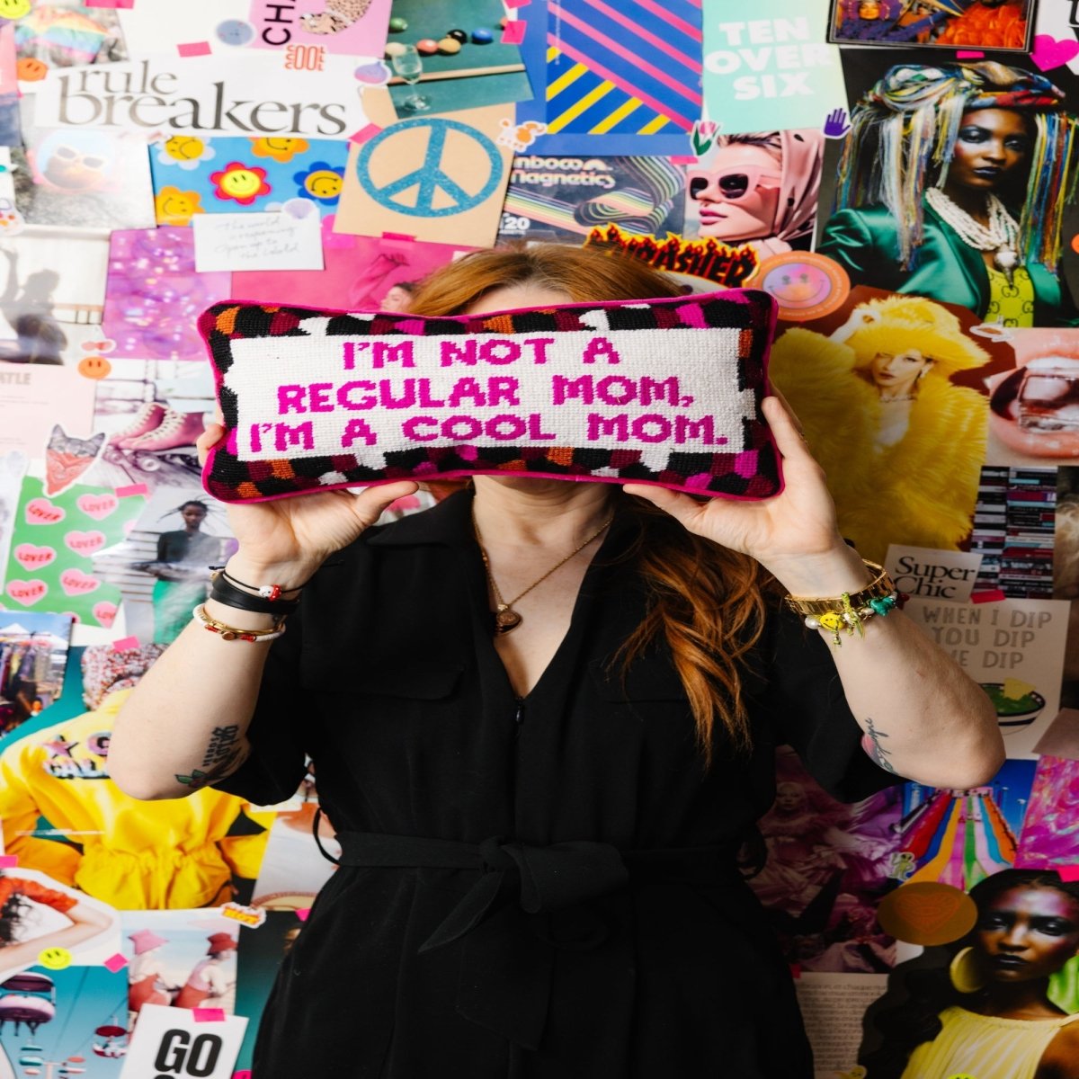 Cool Mom needlepoint pillow featuring 100% wool embroidery and cotton velvet backing, 8x14 inches, perfect for adding humor to any space.