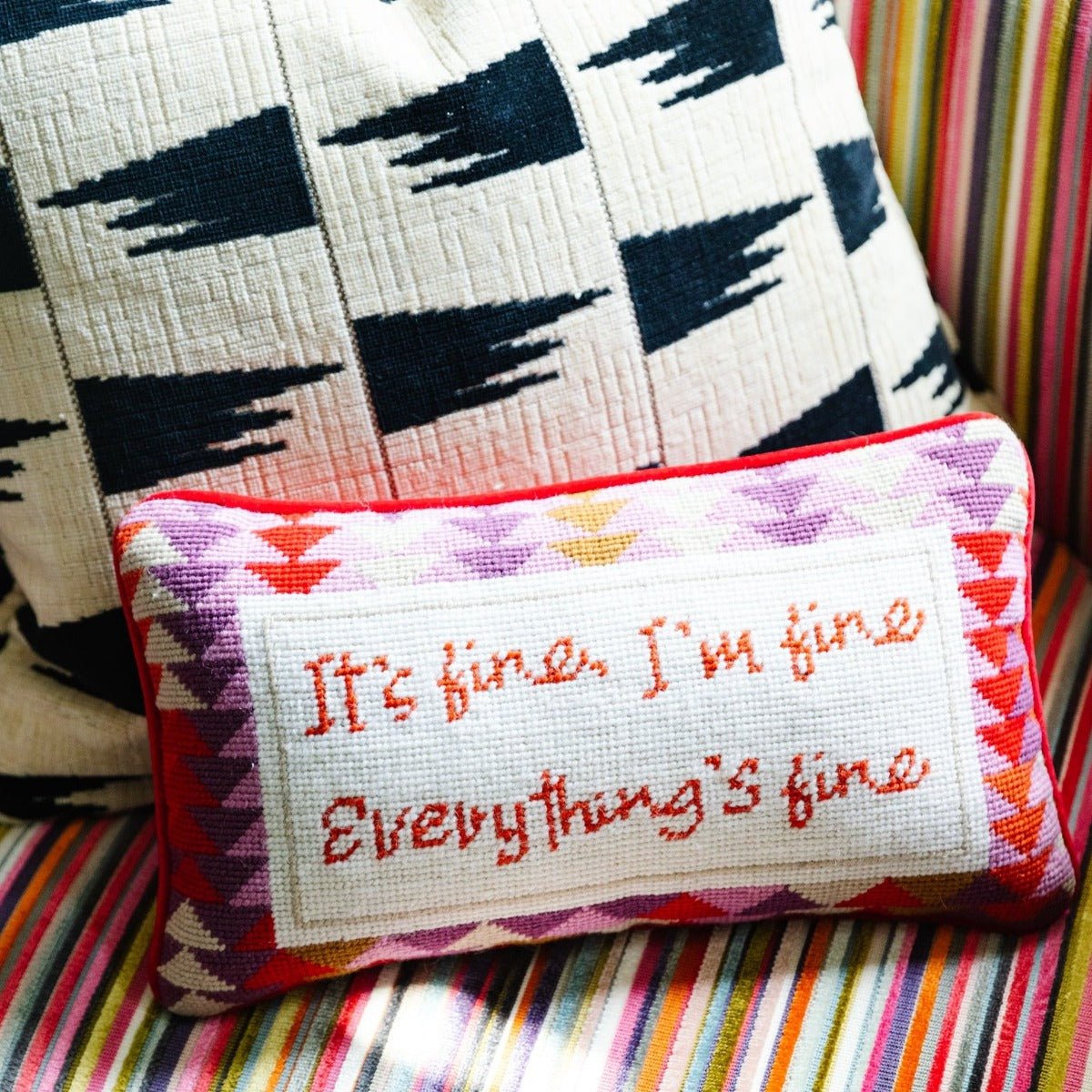 Everything&#39;s Fine needlepoint pillow with premium wool embroidery and soft cotton velvet back, 9x15 inches, a fun and relatable decor accent.
