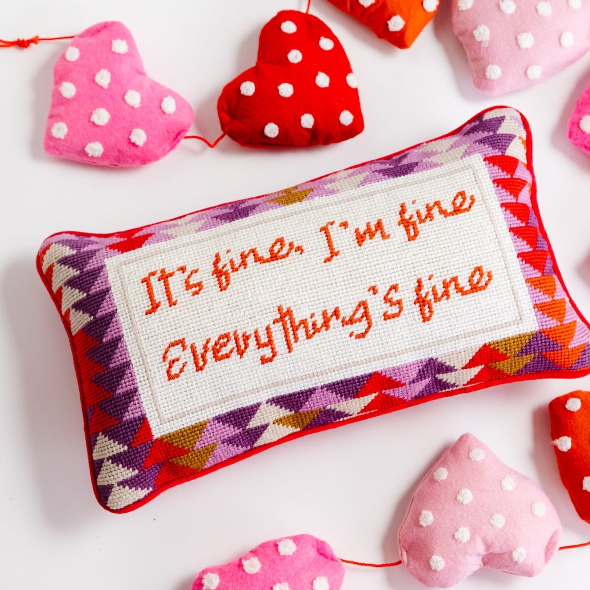 Everything&#39;s Fine needlepoint pillow with premium wool embroidery and soft cotton velvet back, 9x15 inches, a fun and relatable decor accent.