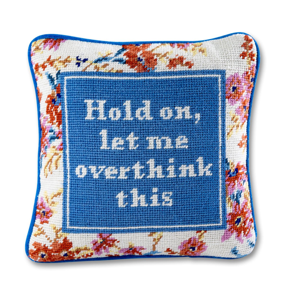 Overthink needlepoint pillow with 100% wool embroidery and cotton velvet back, measuring 9x15 inches, perfect for adding a witty accent to your decor