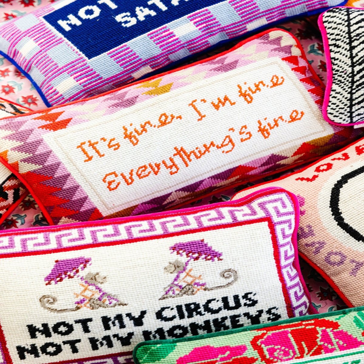 Everything&#39;s Fine needlepoint pillow with premium wool embroidery and soft cotton velvet back, 9x15 inches, a fun and relatable decor accent.