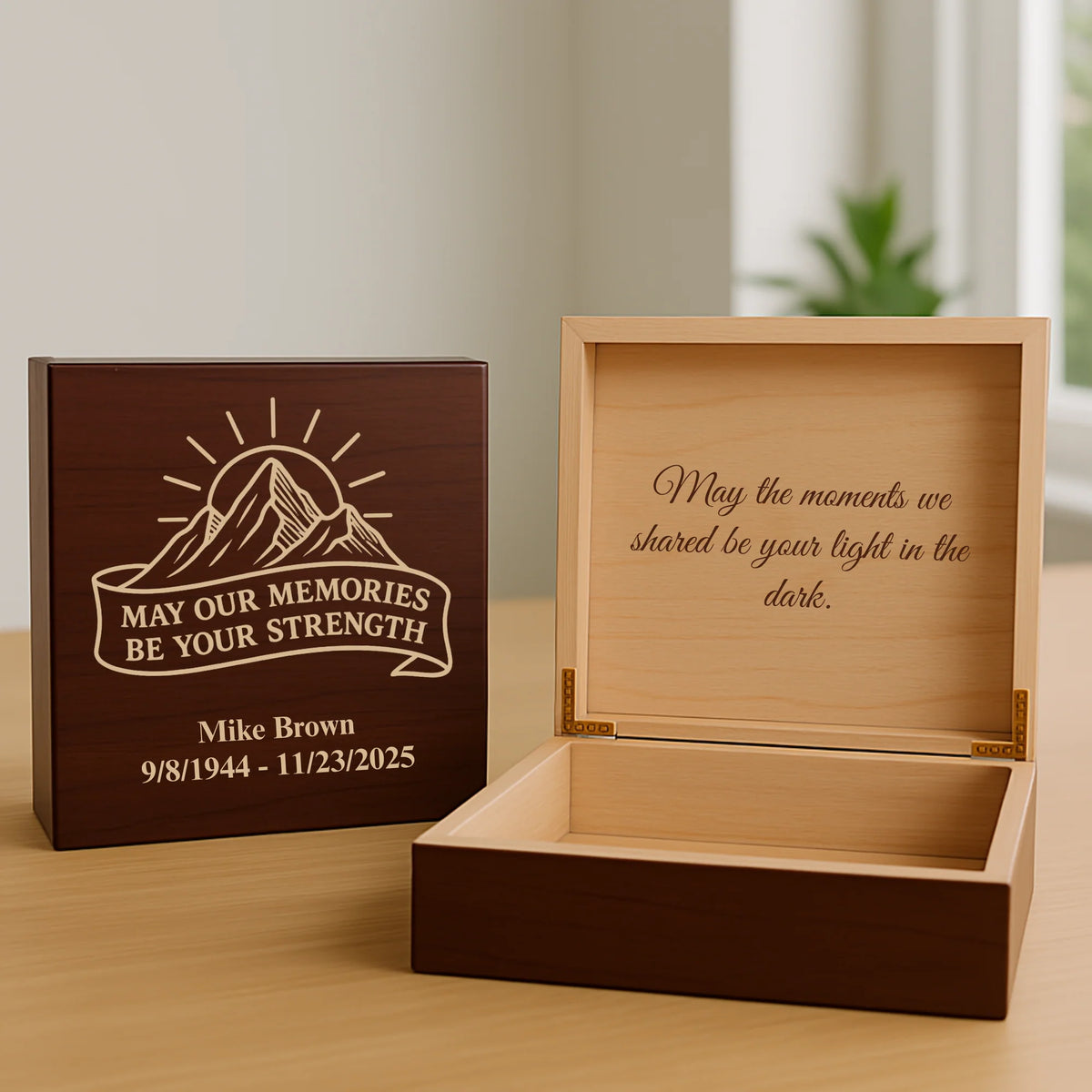 Personalized wooden memory box for women with engraved name, dates, and heartfelt message