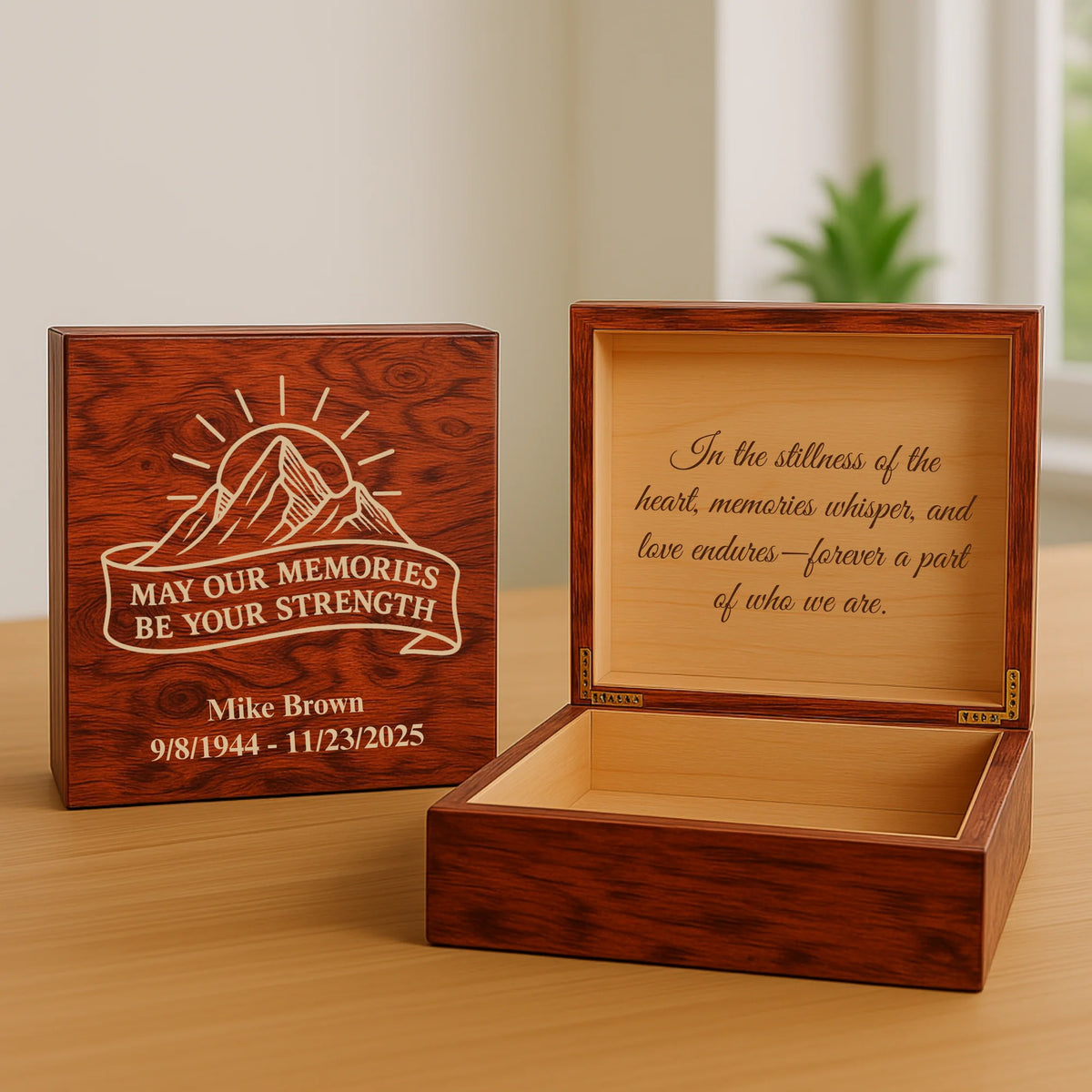 Personalized wooden memory box for women with engraved name, dates, and heartfelt message