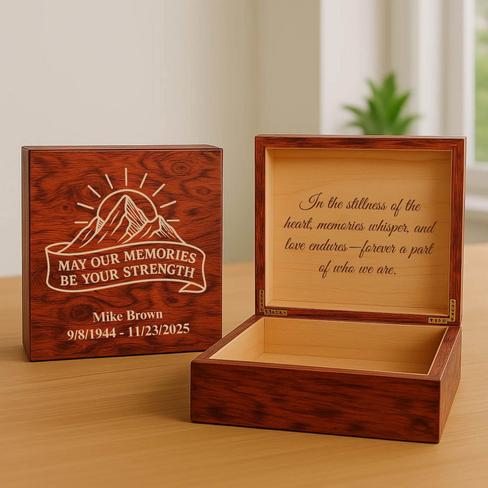 Personalized wooden memory box for women with engraved name, dates, and heartfelt message