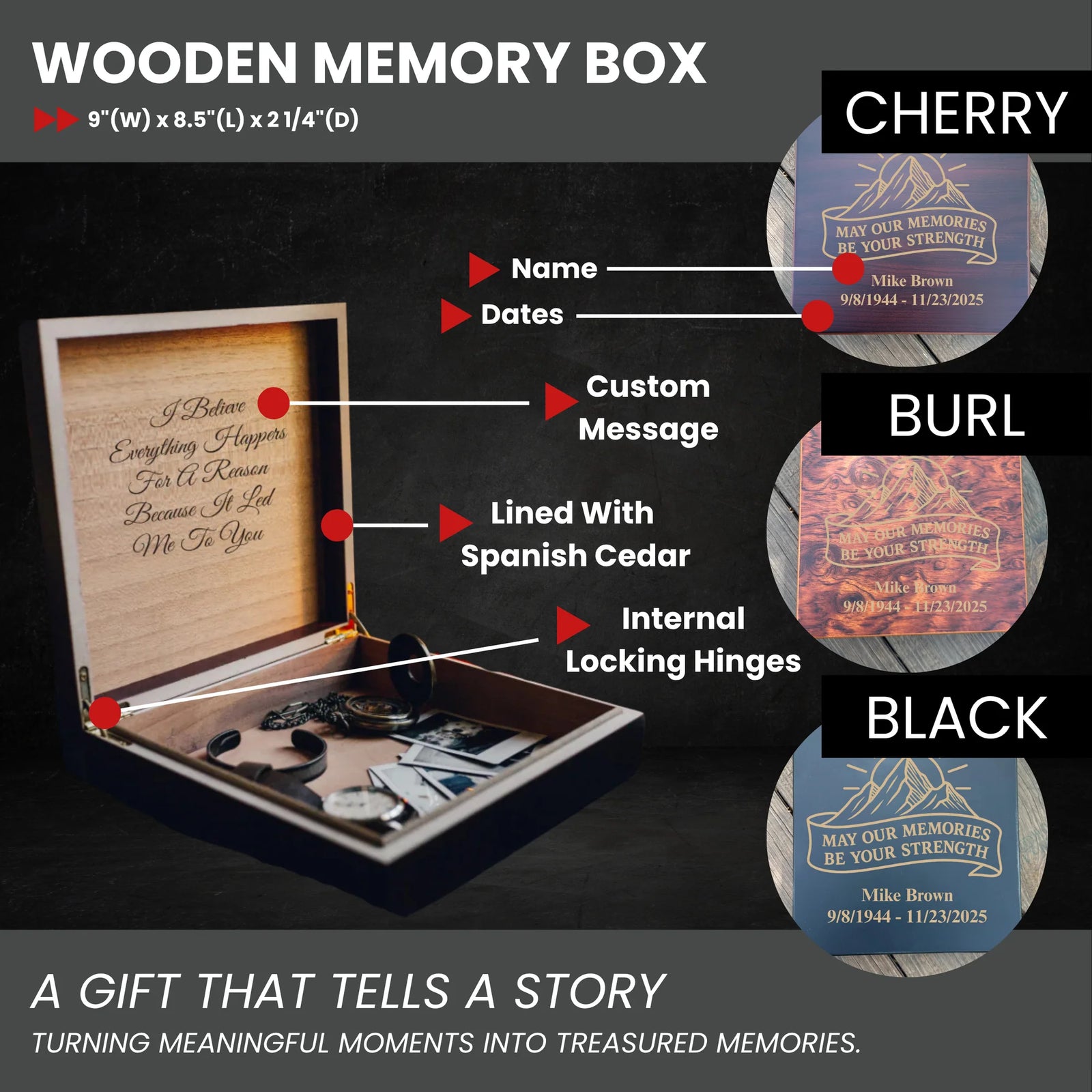 Personalized wooden memory box for women with engraved name, dates, and heartfelt message