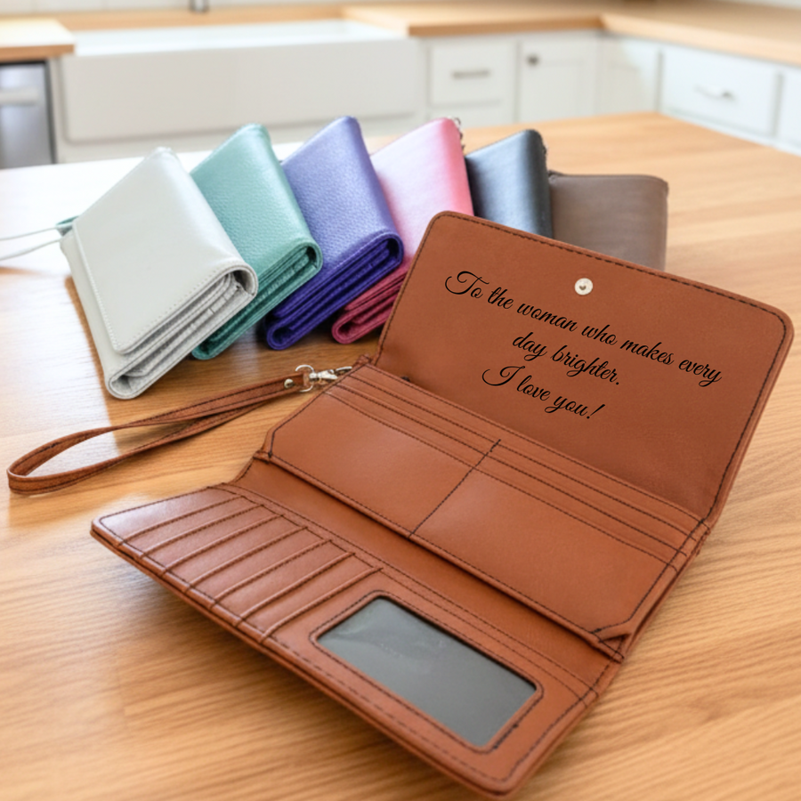 Personalized Message Faux Leather Wristlet - Custom Engraved Wallet & Clutch -