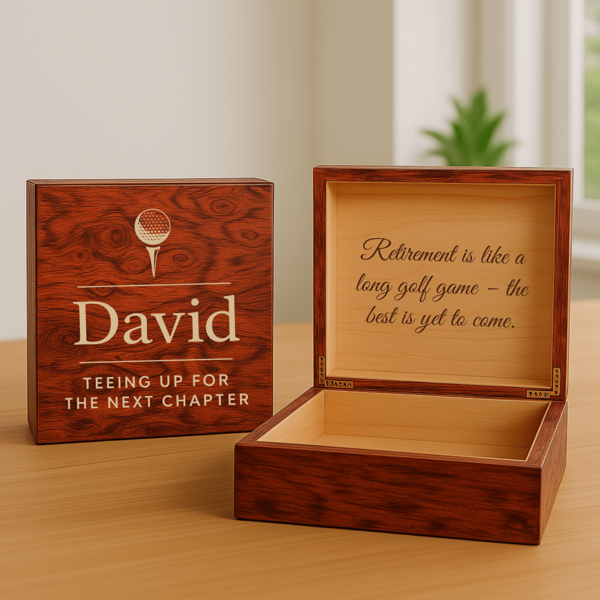 Custom wooden golf keepsake box with engraved name and optional message, perfect for retiring golfers to store cherished mementos