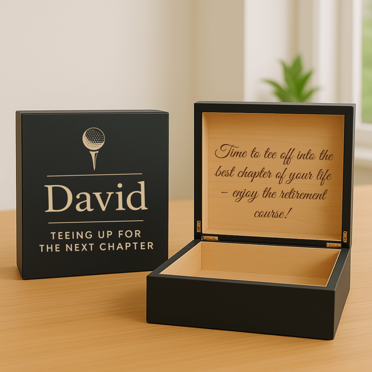 Custom wooden golf keepsake box with engraved name and optional message, perfect for retiring golfers to store cherished mementos