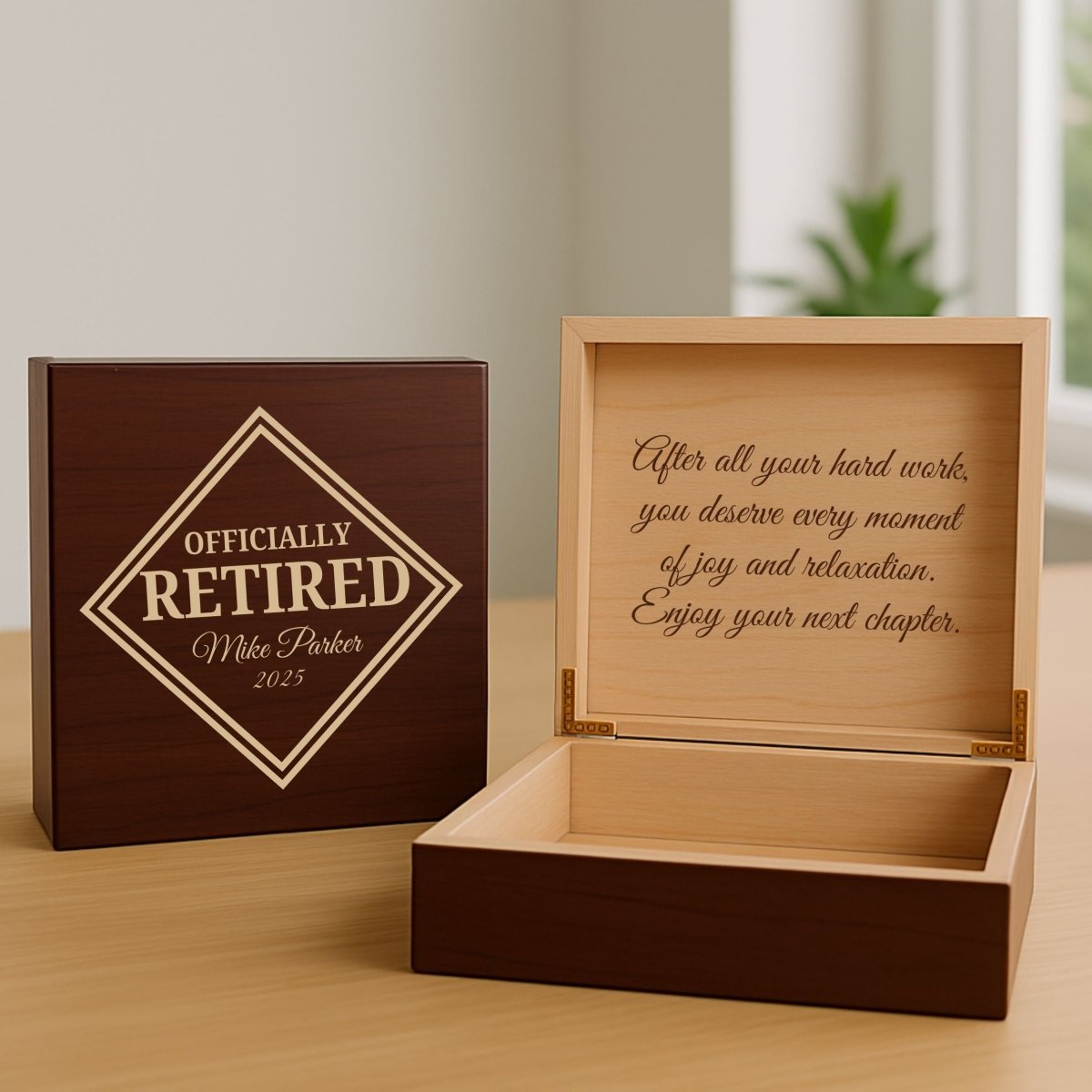 Custom wooden retirement keepsake box with engraved name and message, perfect for storing treasured memories