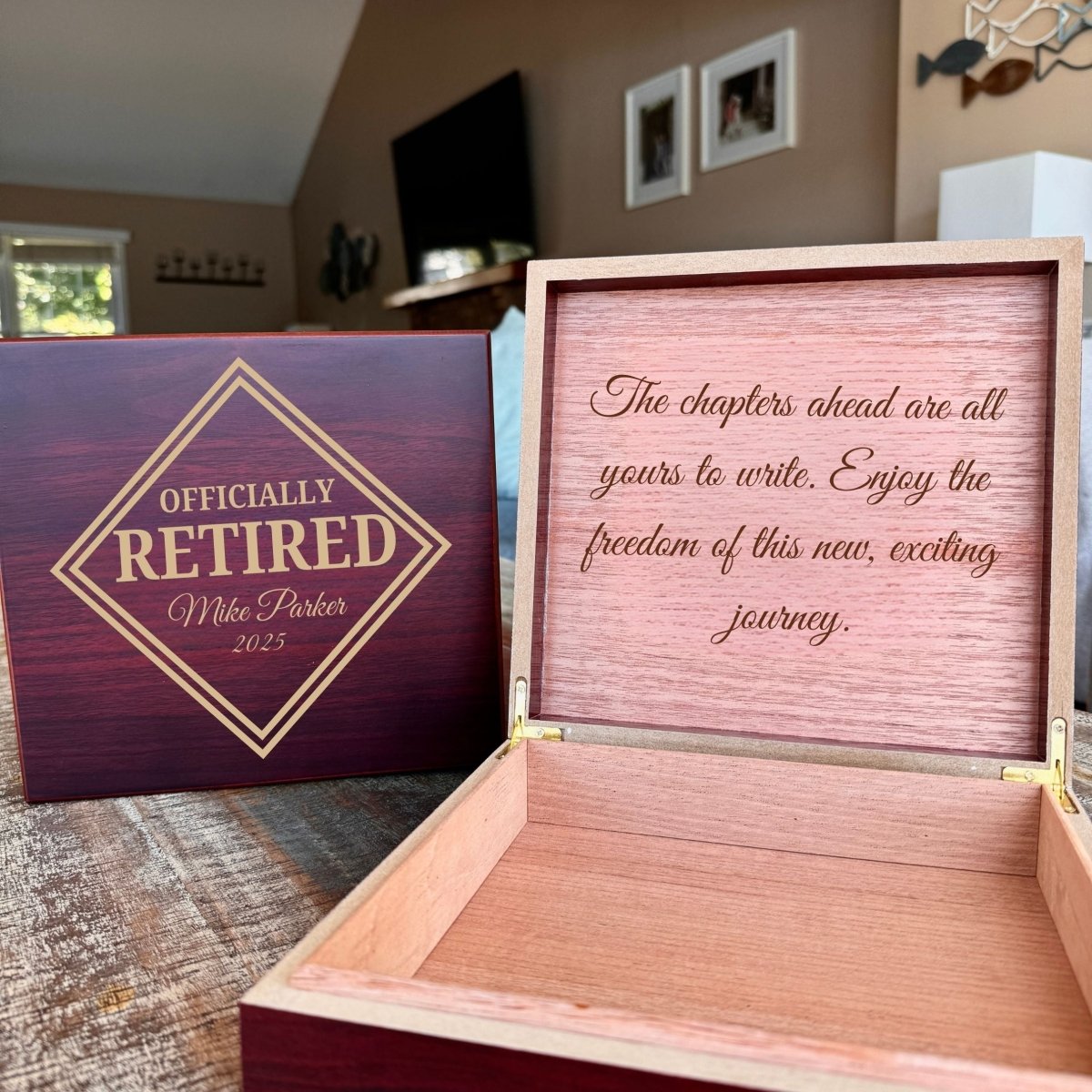 Custom wooden retirement keepsake box with engraved name and message, perfect for storing treasured memories