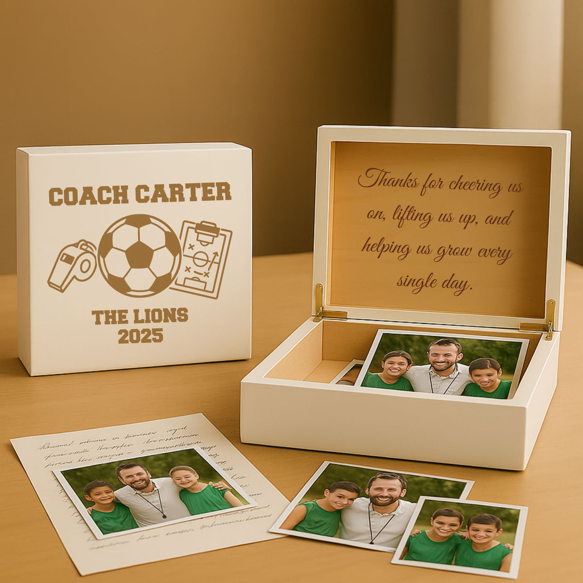 Custom engraved soccer coach keepsake box gift with personalized message inside