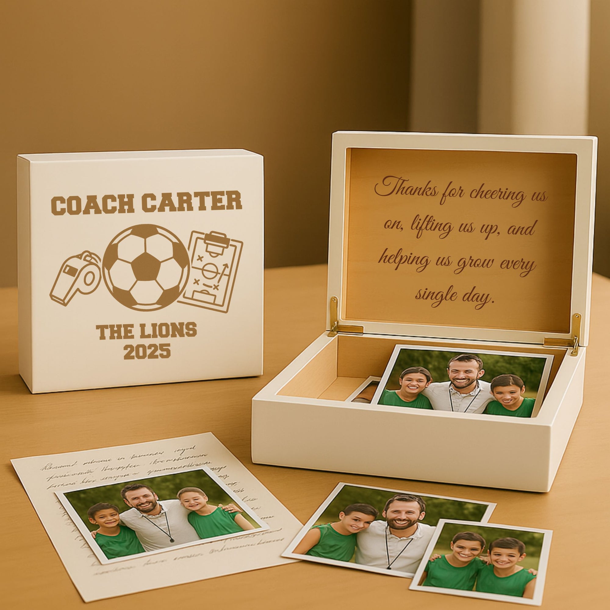 Custom engraved soccer coach keepsake box gift with personalized message inside