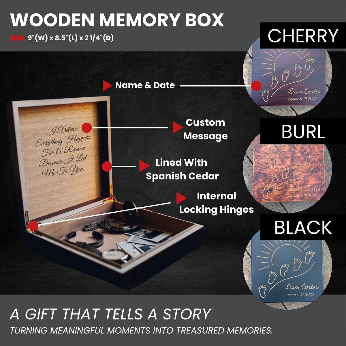 Wooden newborn keepsake box with custom engraving for baby name, date, and message