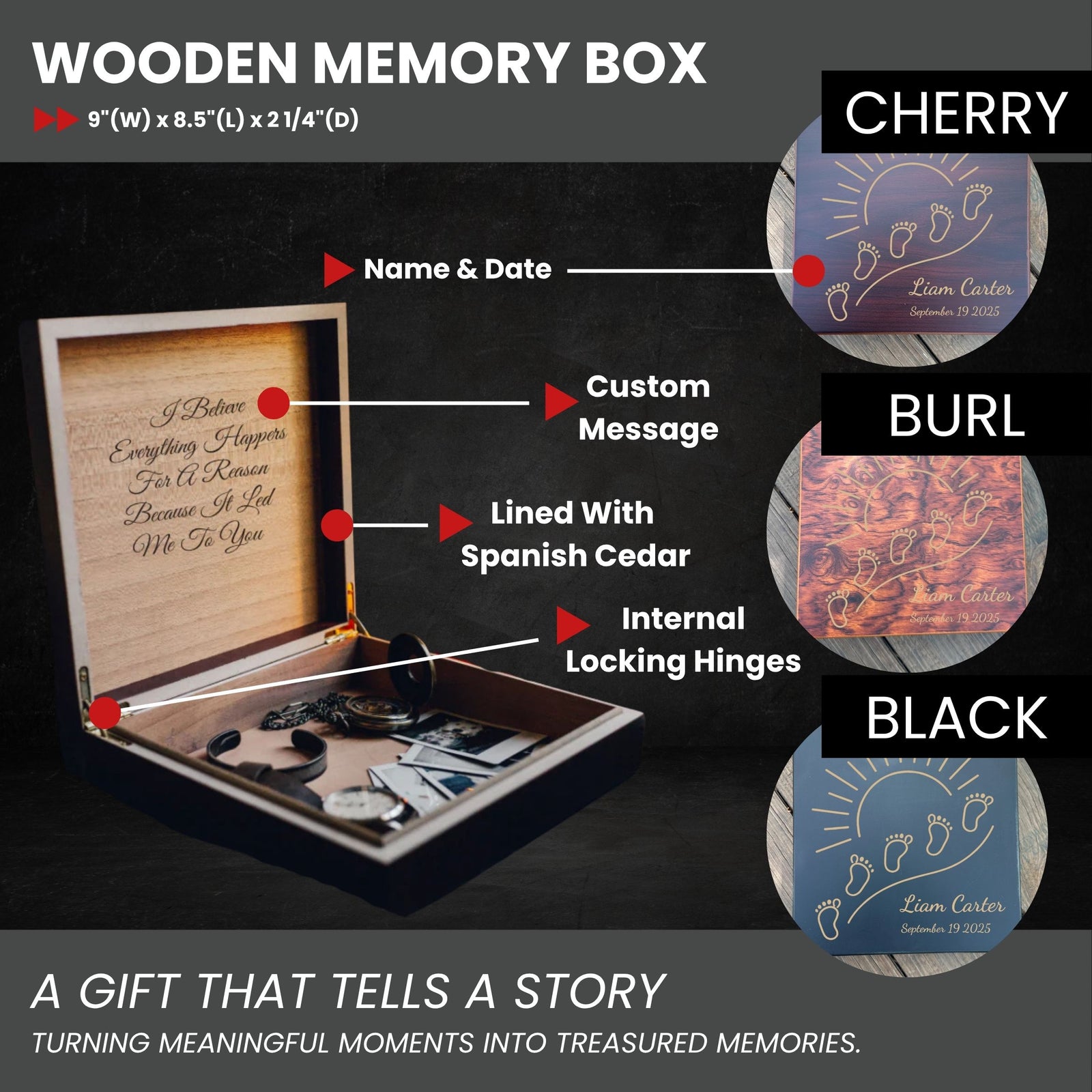 Wooden newborn keepsake box with custom engraving for baby name, date, and message