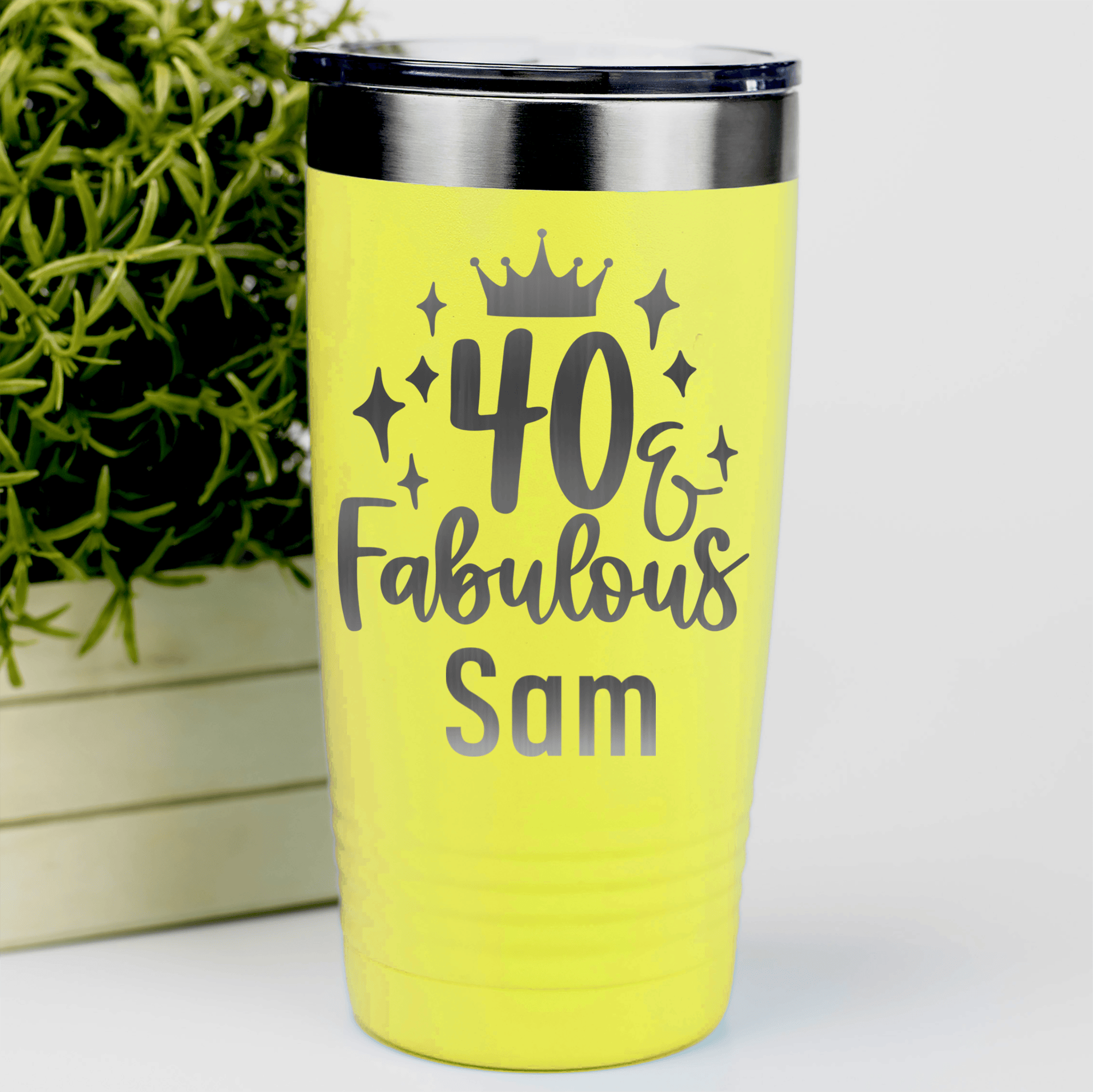 Yellow Birthday Tumbler With 40 And Fabulous Crown Design