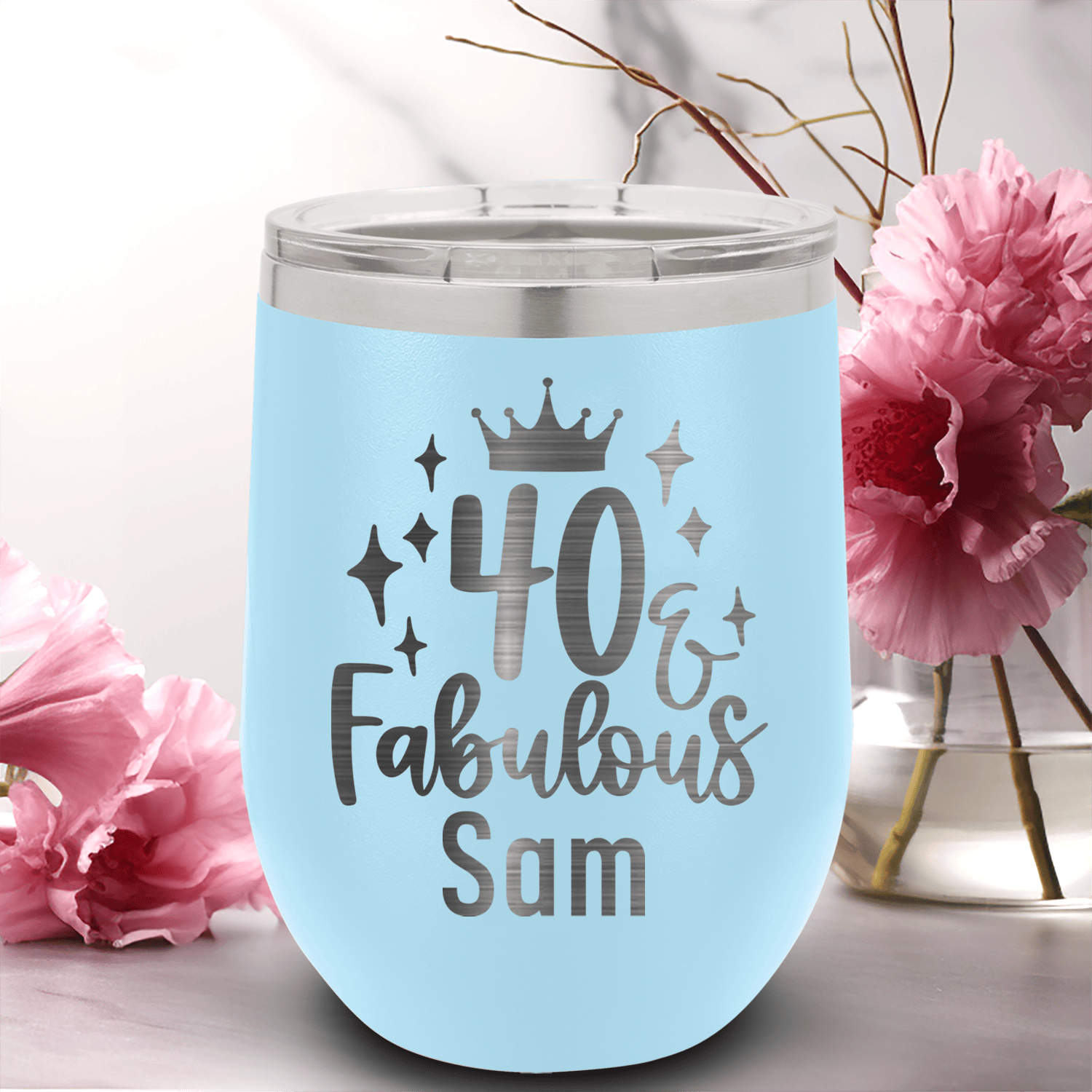 Light Blue Birthday Wine Tumbler With 40 And Fabulous Crown Design