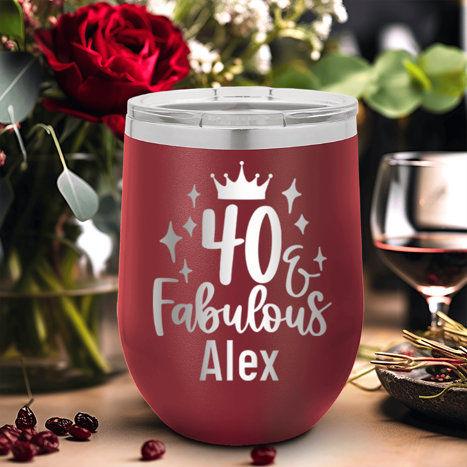 Maroon Birthday Wine Tumbler With 40 And Fabulous Crown Design