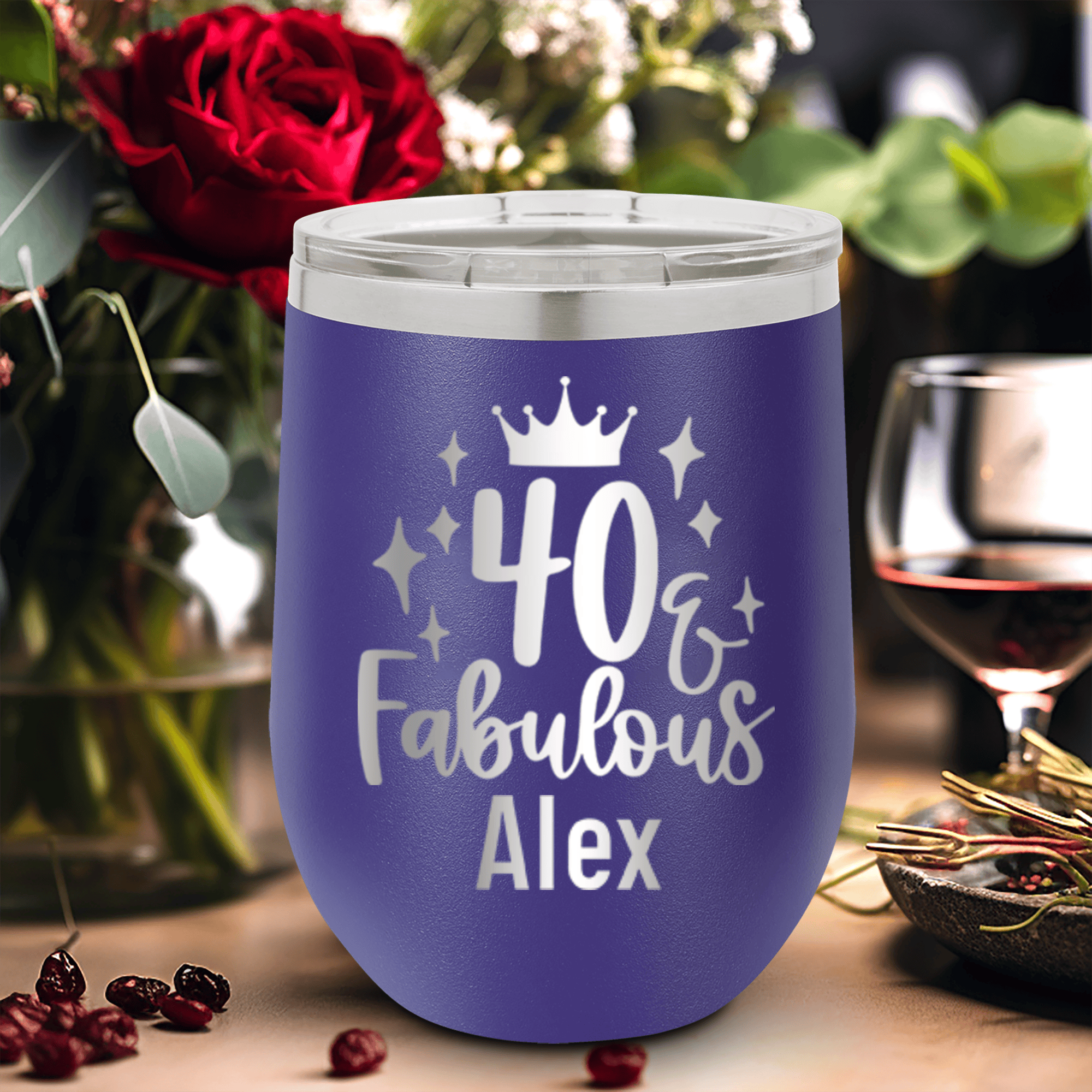 Purple Birthday Wine Tumbler With 40 And Fabulous Crown Design